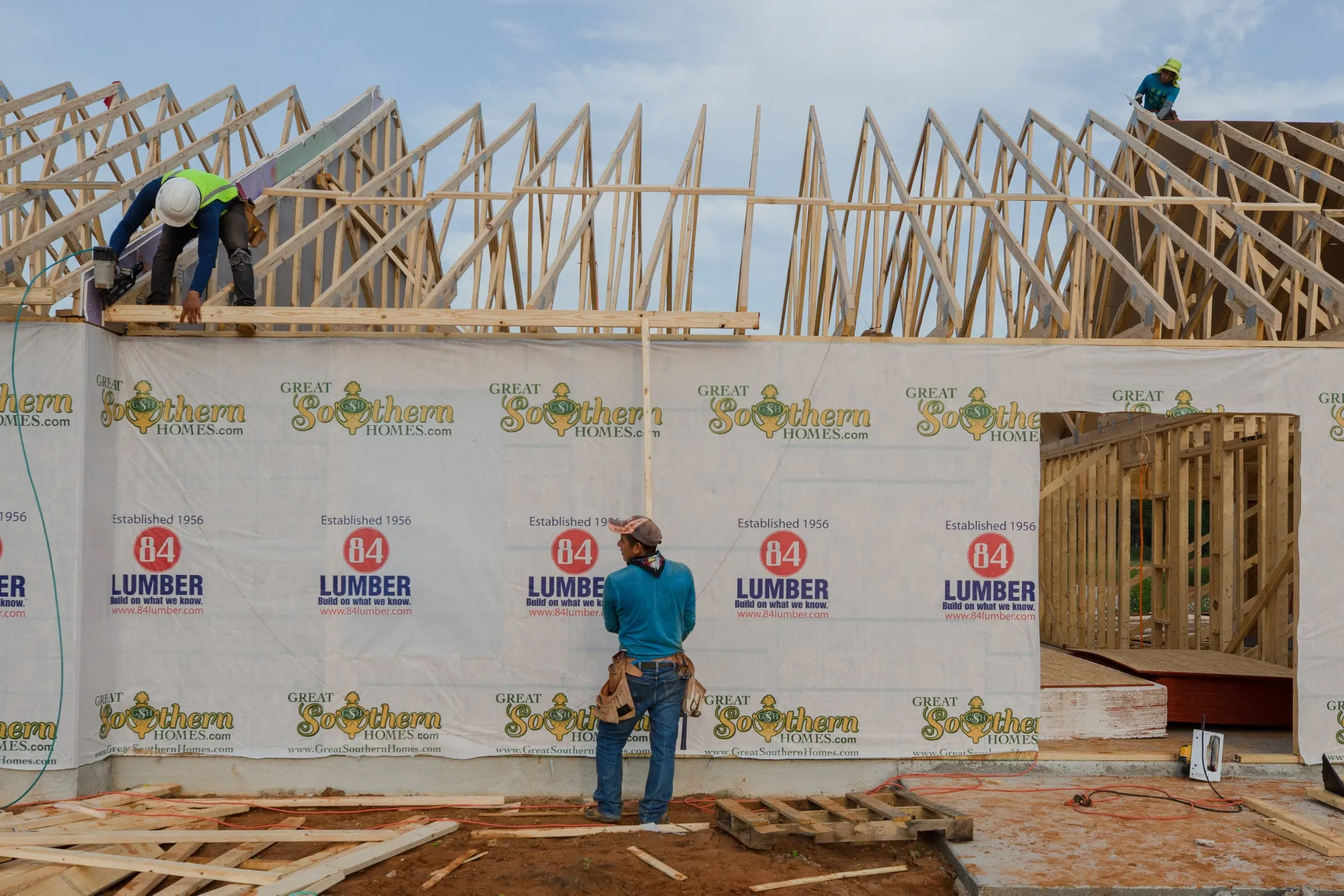 Contractors work on a home under construction in Sumter, South Carolina.