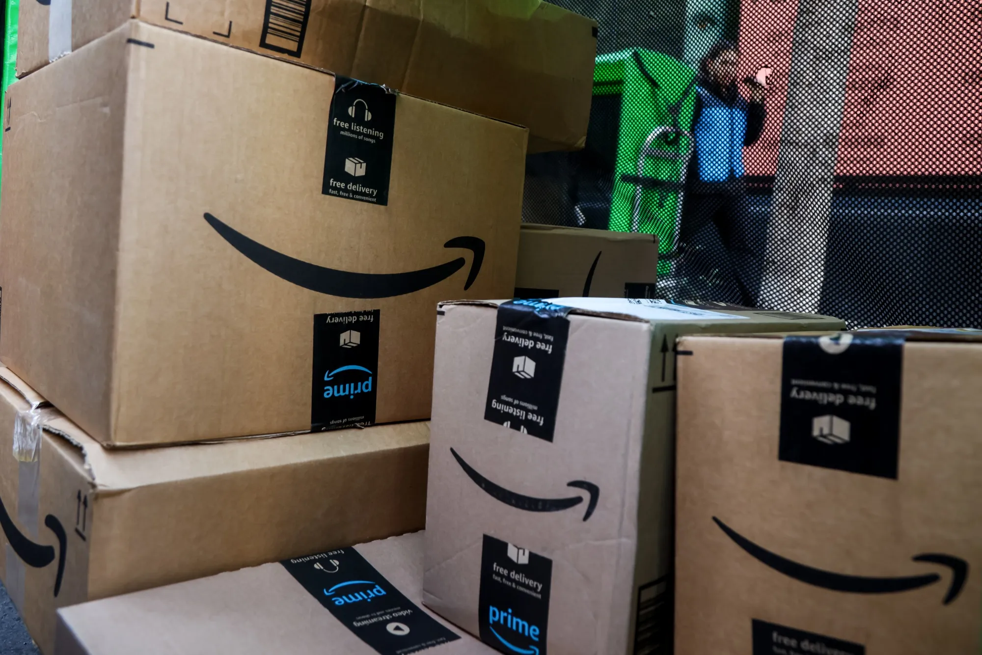 Amazon packages outside a Prime delivery van in New York.