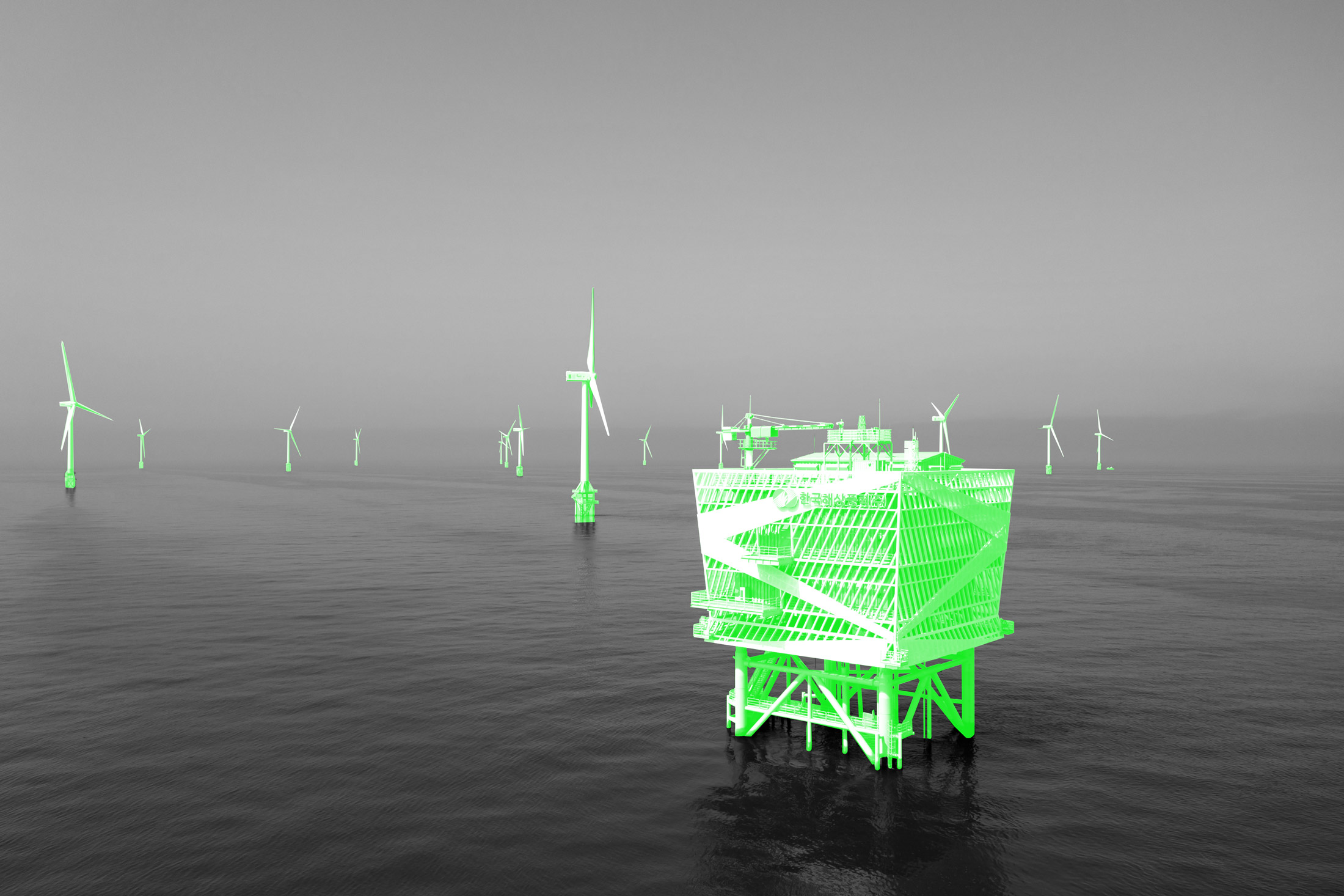The offshore substation collects and sends out electricity produced from 20 wind turbines in the Southwest Sea.