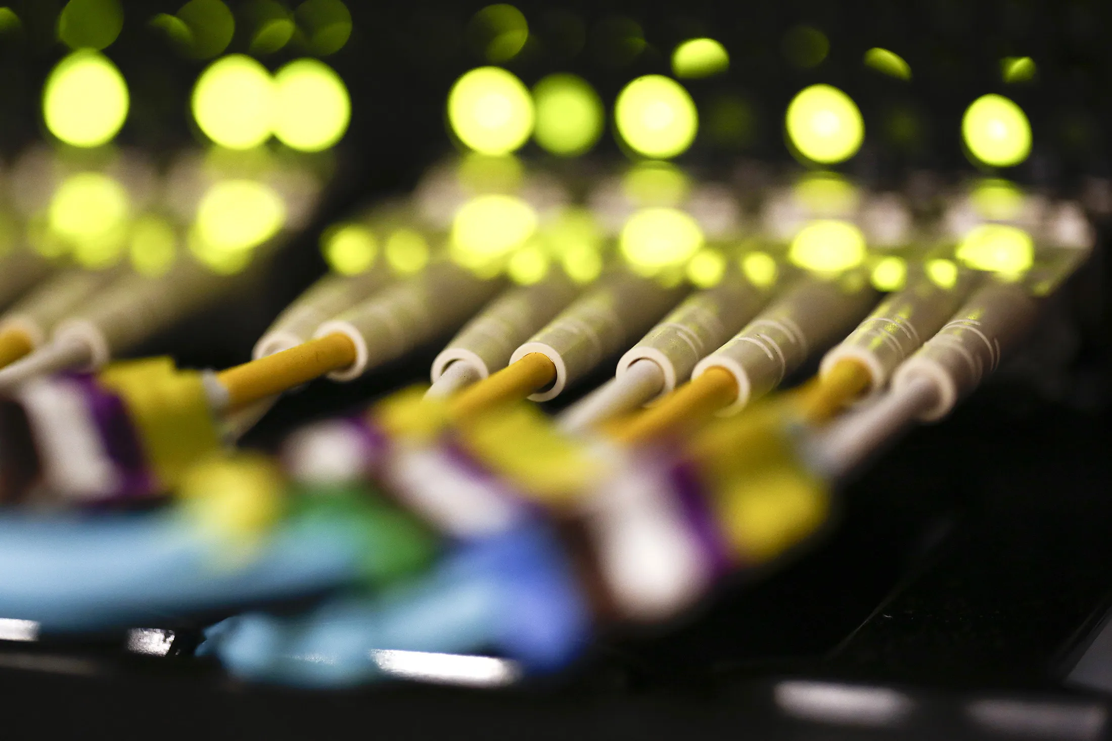 Green LED lights and rows of fibre optic cables.

