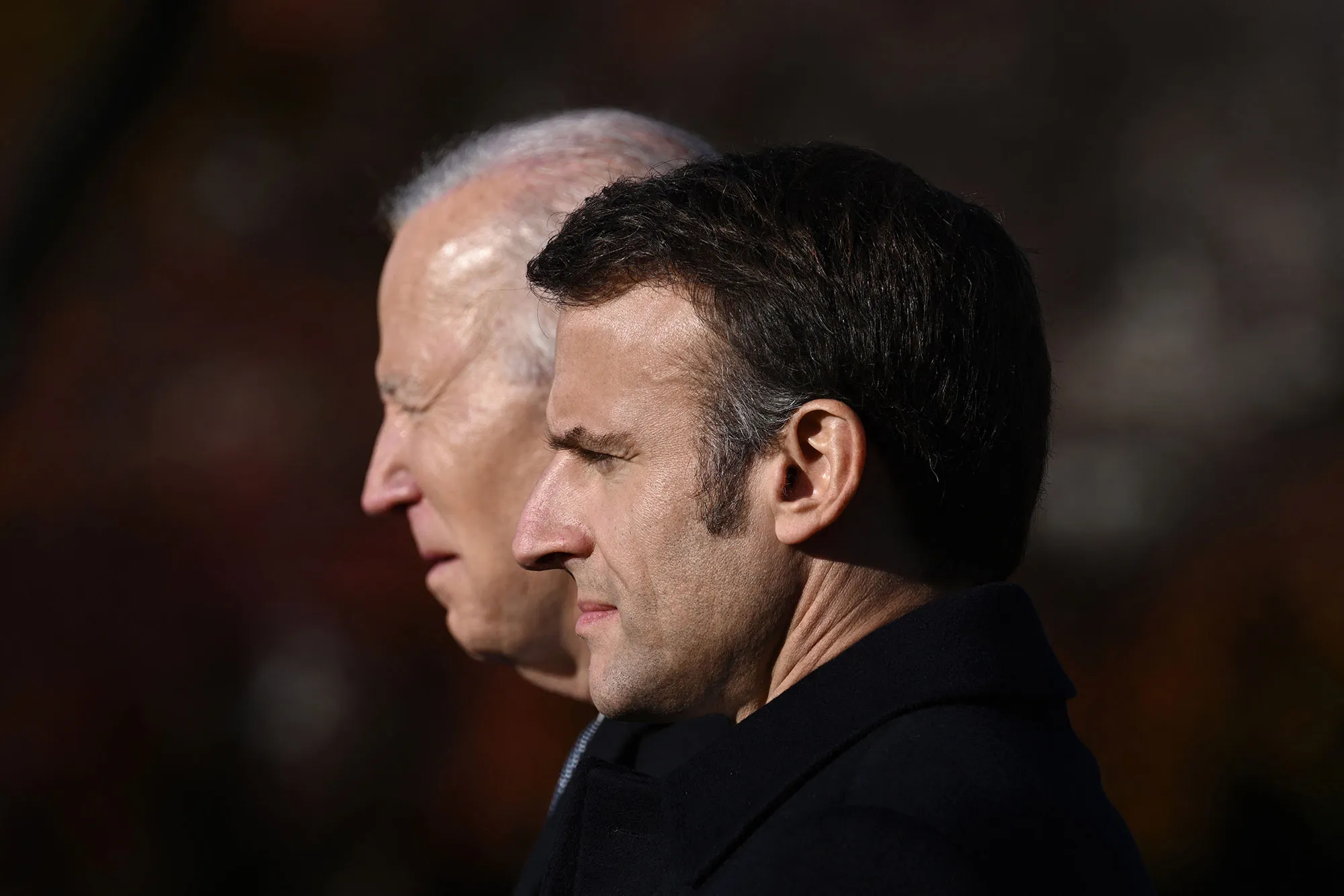 Joe Biden and Emmanuel Macron at the White House in Washington, DC, on Dec.&nbsp;1.&nbsp;