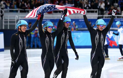 Members of the U.S. short track speed skating team at the Winter Olympics in Sochi, Russia, on Feb. 21, 2014.