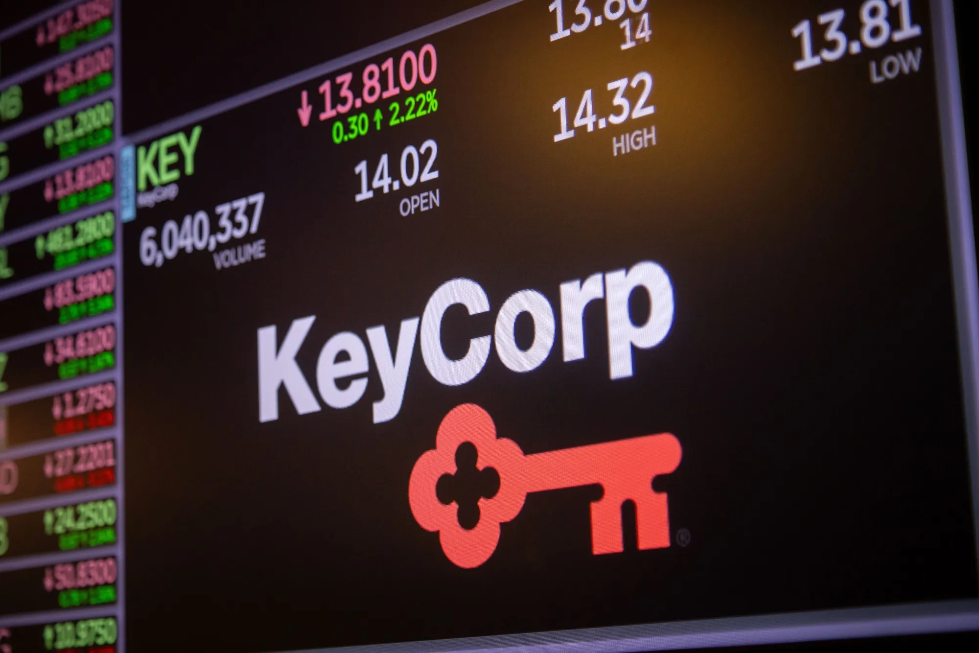 KeyCorp signage on the floor of the New York Stock Exchange on April 8, 2025.