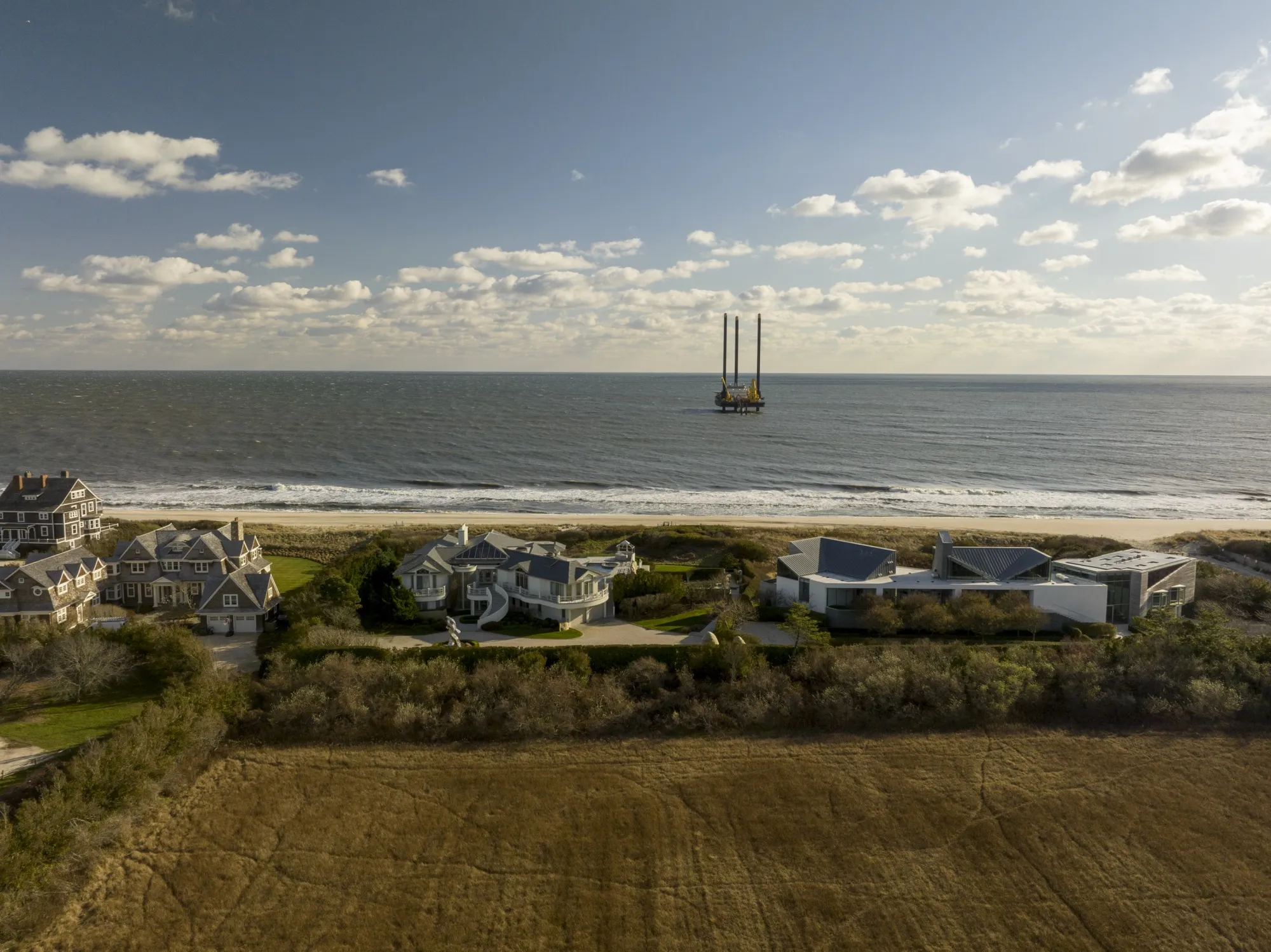 A lift boat&nbsp;in Wainscott, New York. The vessel's drill will be used in the construction of the South Fork Wind farm.