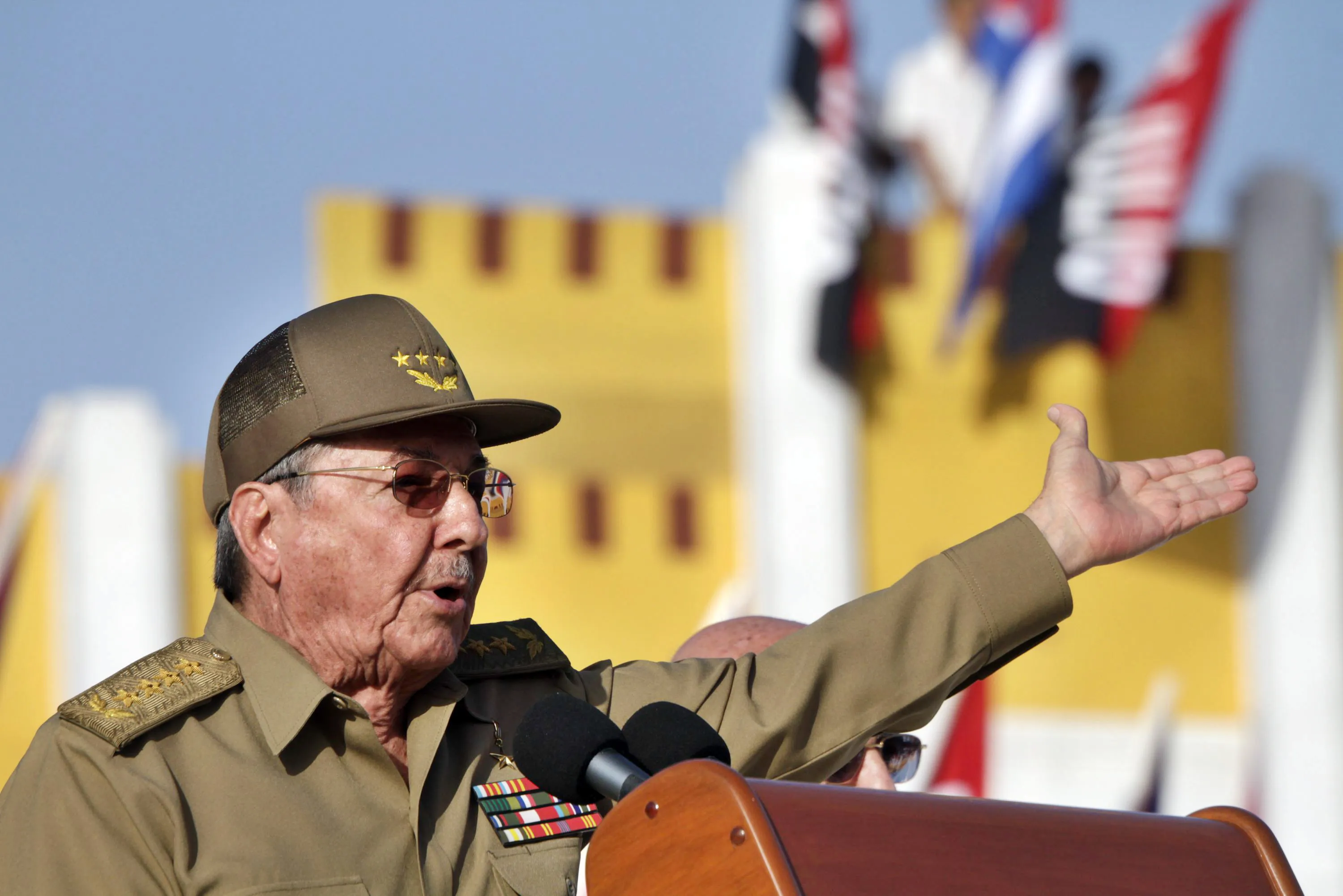 GUANTANAMO, CUBA – JULY 26: Cuban President Raul Castro gestures as he addresses the crowd during a political act to commemorate the 59th anniversary of the attack of the Moncada barracks, led by Fidel Castro in 1953, on July 12, 2012, in Guantanamo, Cuba. Cuba’s president, who was not expected to speech, again offered talks with the U.S. but under the condition of equals.
