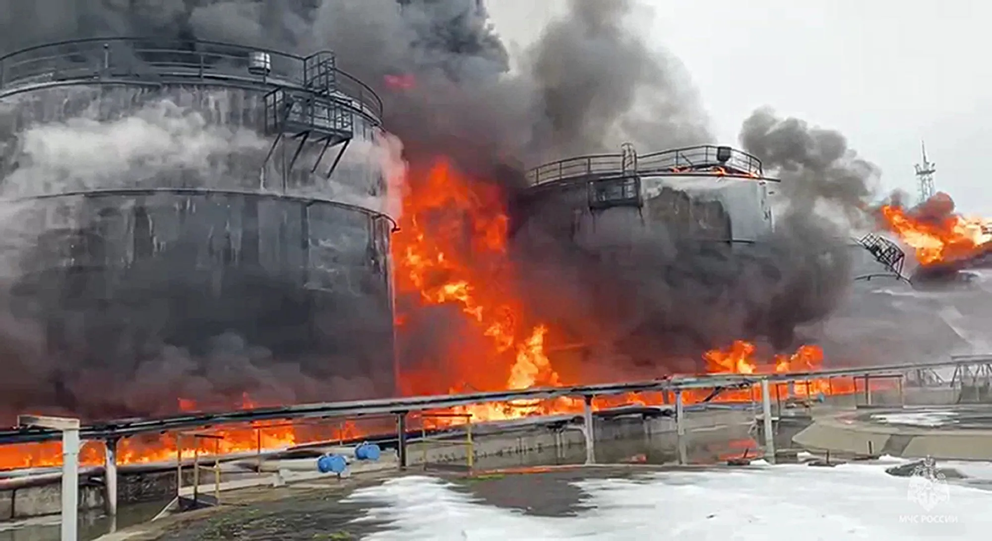 In this photo taken from video released by Governor of Bryansk Region Alexander Bogomaz’s telegram channel, oil reservoirs ignite in flames after a Ukrainian drone struck an oil storage depot in the Bryansk Region of Russian on 2024.