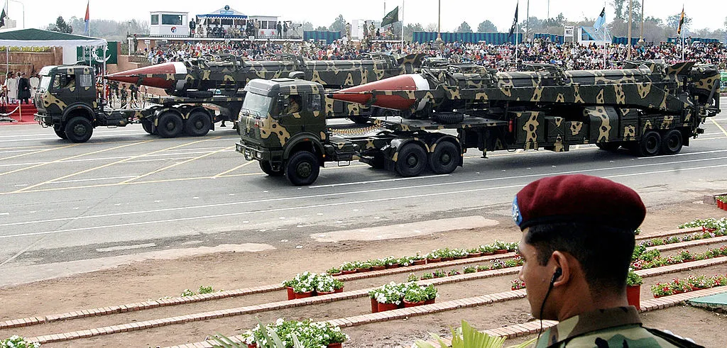 Ghauri intermediate-range missiles capable of carrying nuclear warhead, transported on launchers during a National Day parade in Islamabad.