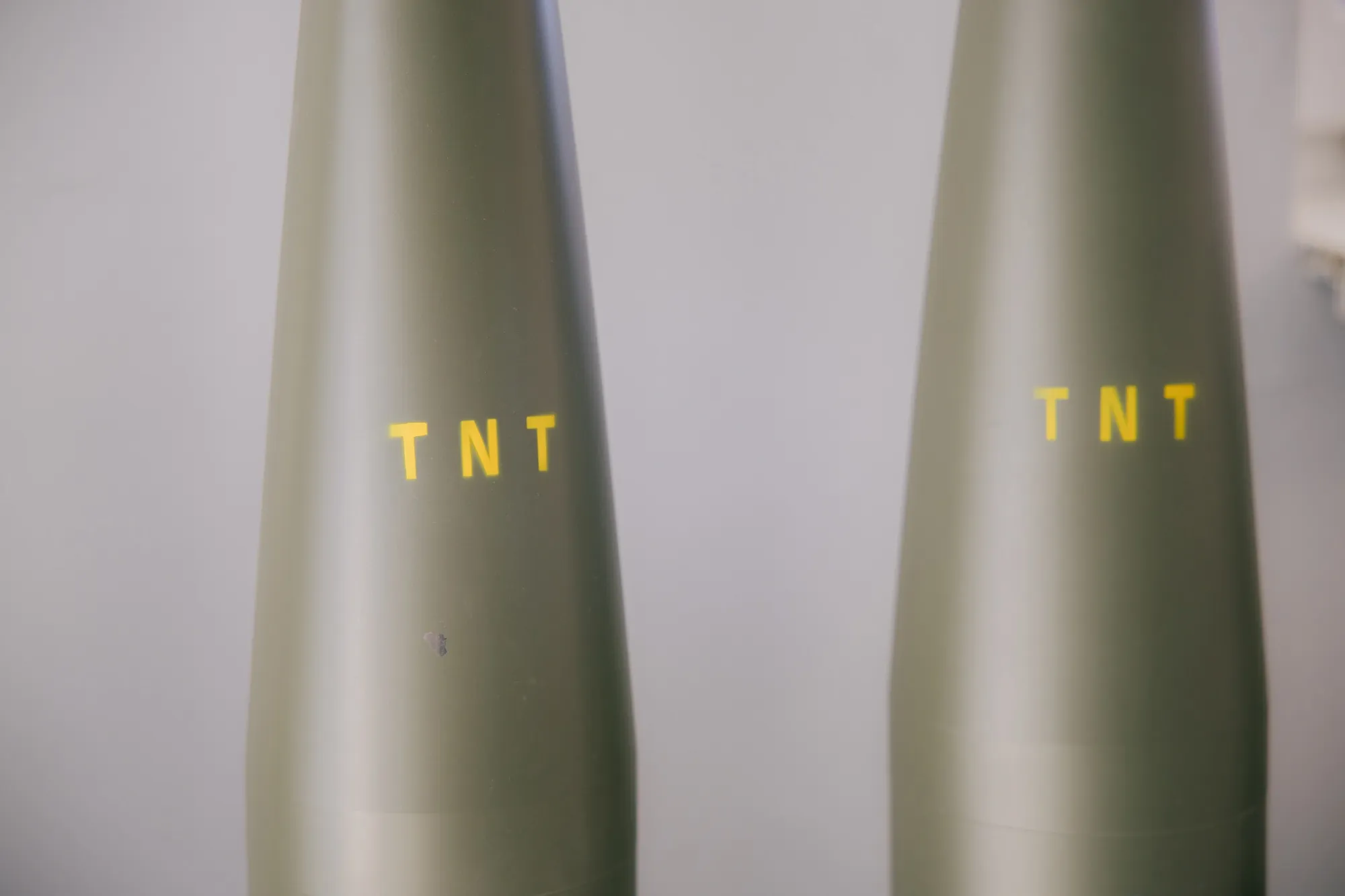 Two 155 mm artillery shells on display at the ZVS Holding AS plant Slovakia, part of CSG.