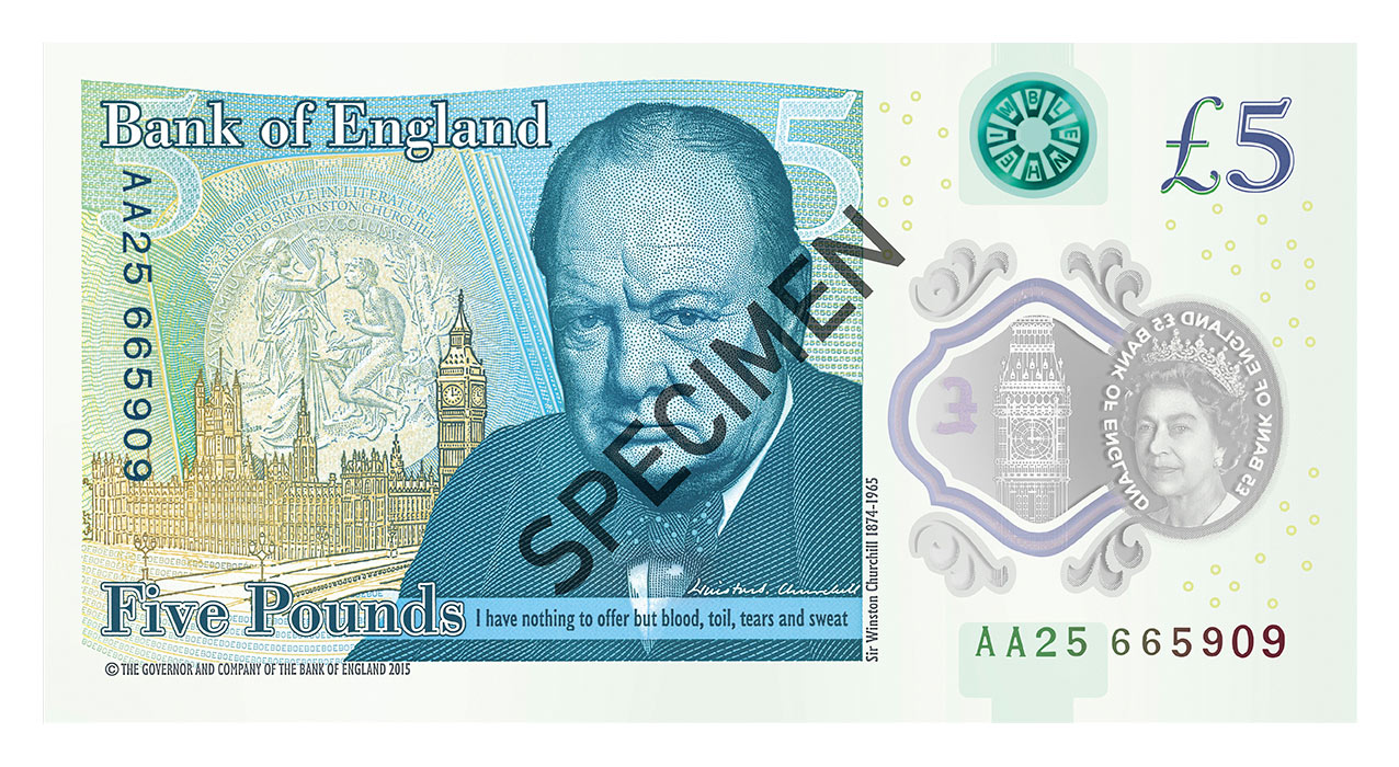The back of the new plastic £5 note.
