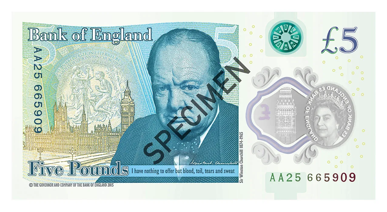 The back of the new plastic £5 note.

