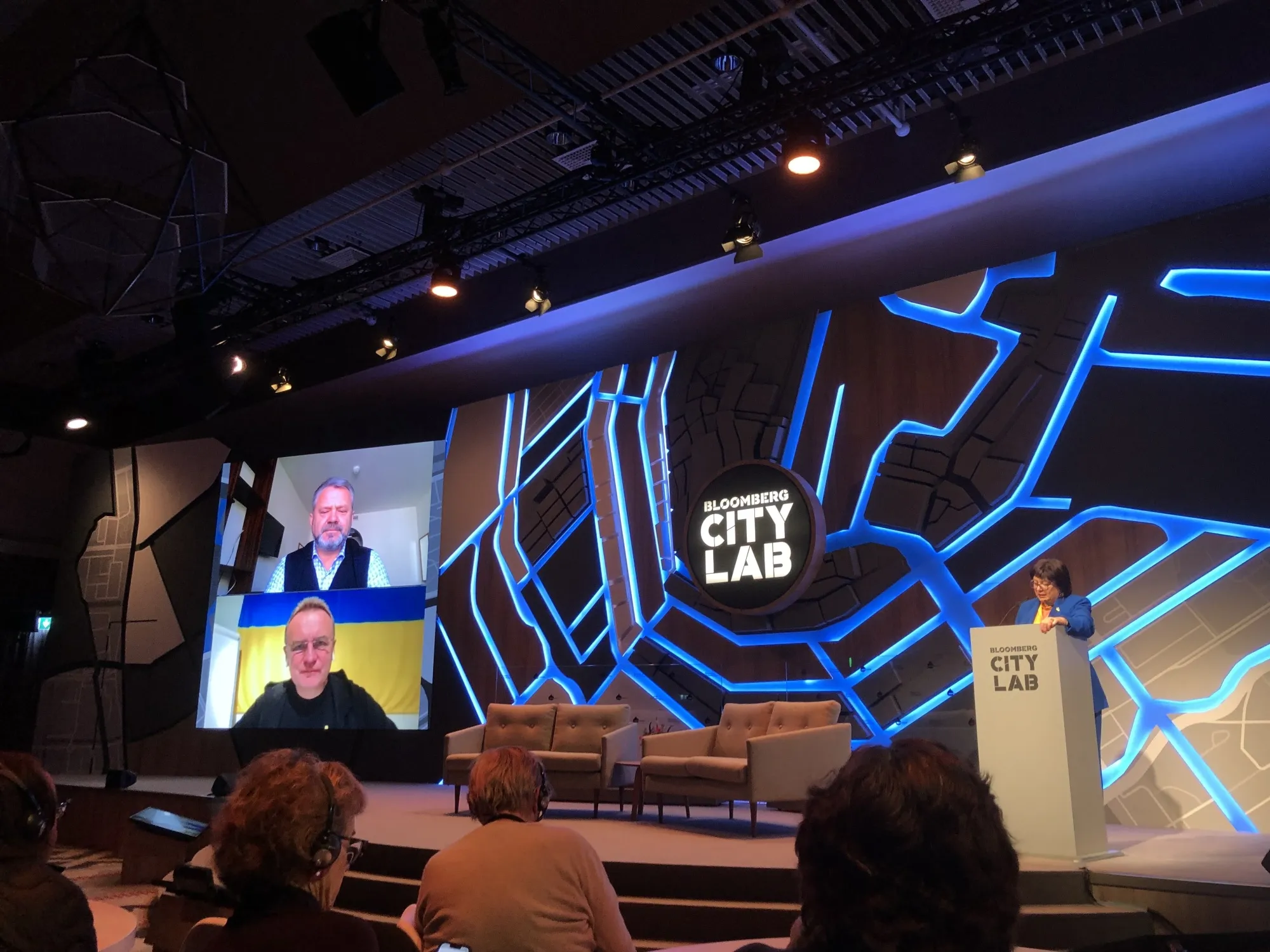 Bucha Mayor Anatoliy Fedoruk&nbsp;(top) and Lviv Mayor Andriy Sadovyi&nbsp;address the CityLab conference in Amsterdam.&nbsp;