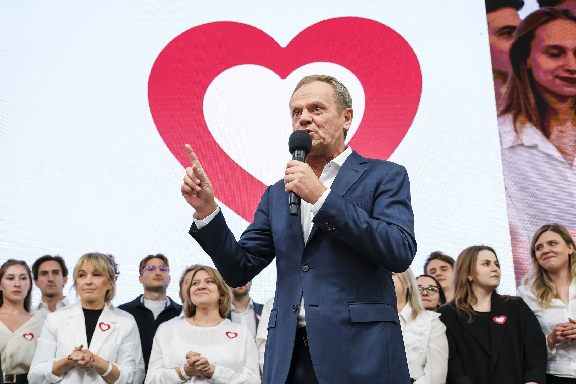 Donald Tusk speaks following the announcement of the first poll results in Warsaw, Poland, on Oct. 15.