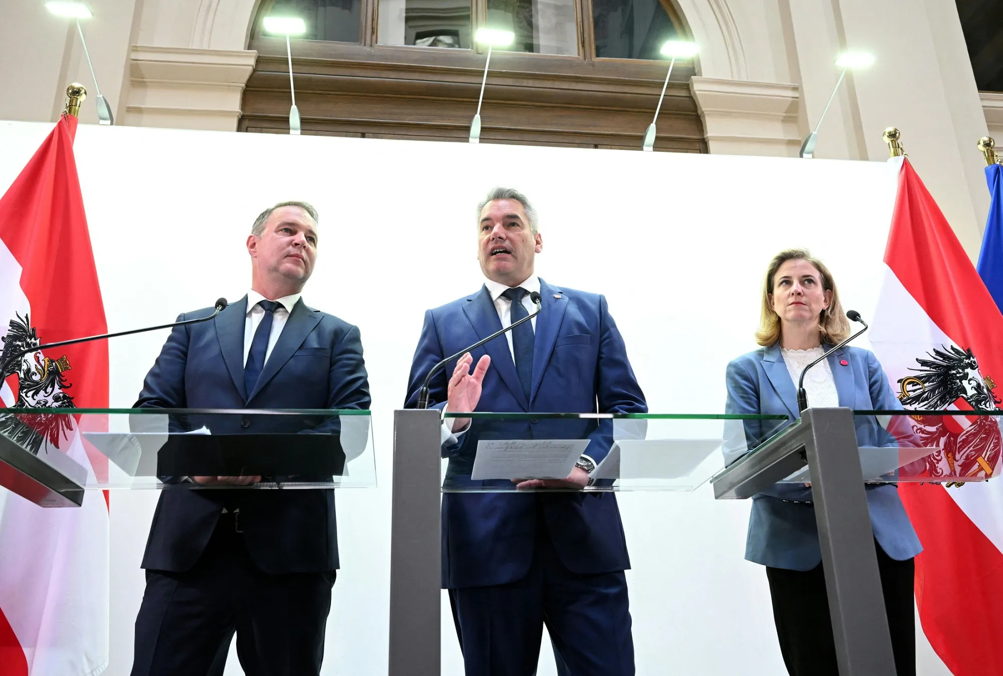Andreas Babler, left, Chancellor Karl Nehammer, and Beate Meinl-Reisinger, right, in Vienna, on Nov. 18.
