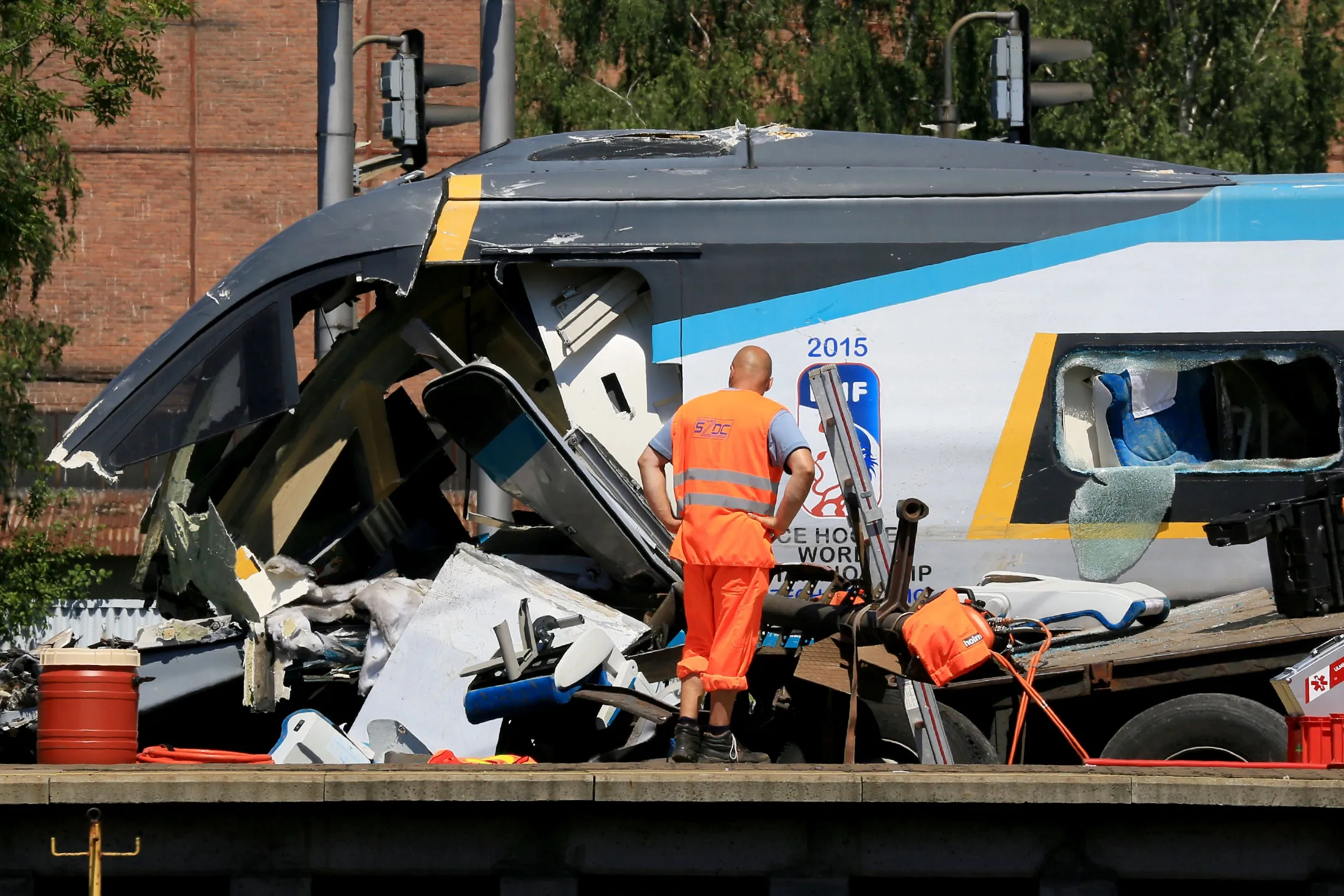 A damaged train after a collision with a truck at a level crossing in Studenka, Czech Republic, on July 22, 2015.

