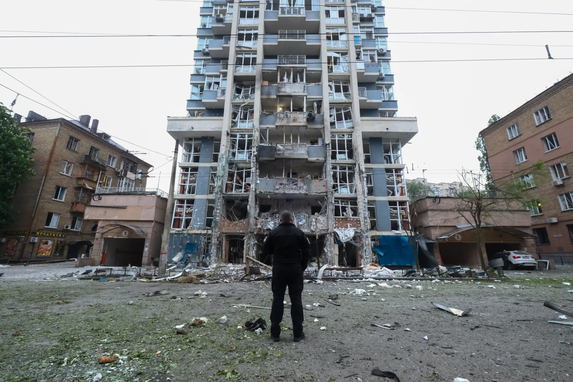 A residential building heavily damaged by a Russian drone strike in Kyiv, on May 25.