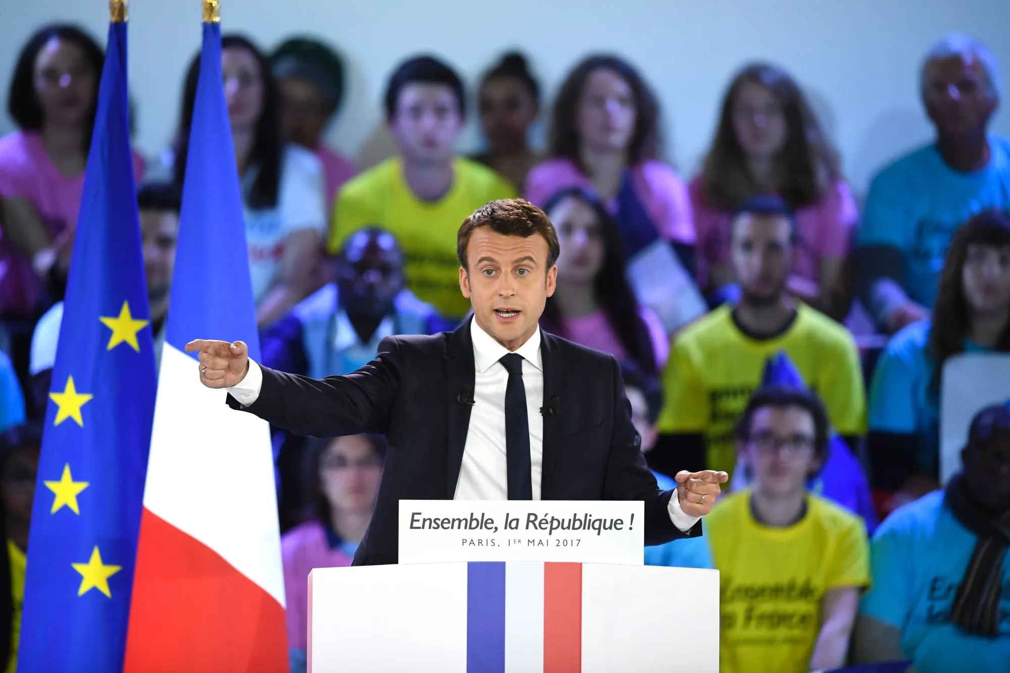 Emmanuel Macron delivers a speech during a campaign rally in Paris, France, on May 1, 2017.
