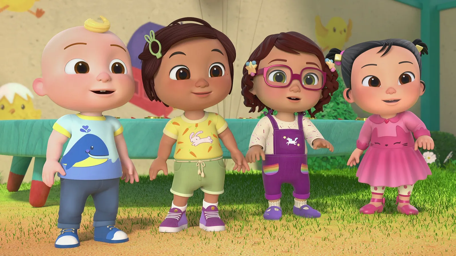 Cocomelon Lane: Season 1. (L to R) Ava Madison Gray as JJ, Alice Cho as Nina, Ava Madison Gray as Bella, and Alice Cho as Cece in Cocomelon Lane: Season 1. Cr. NETFLIX © 2023