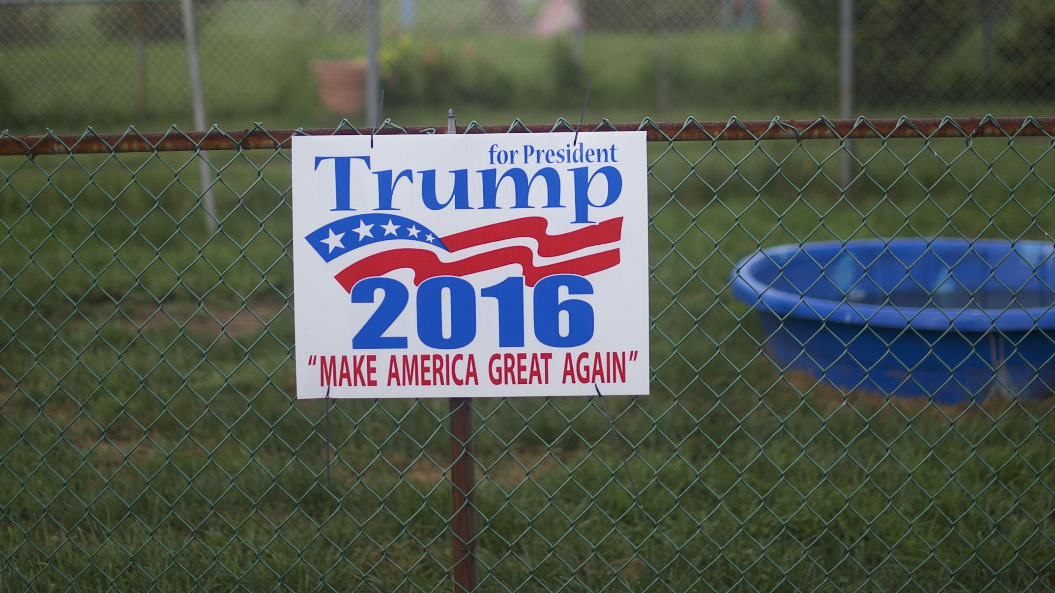 A Donald Trump sign is displayed in the backyard of a house on Aug. 14, 2016, in Schuylkill Haven, Pennsylvania.
