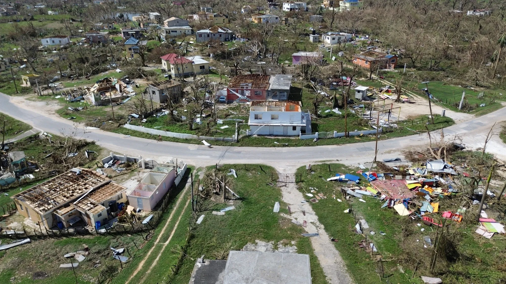 Damaged buildings in the aftermath of Hurricane Melissa in Lewis Town, St Elizabeth, Jamaica.
