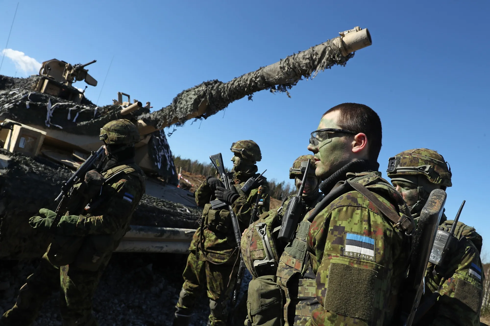 Estonian soldiers during a joint military exercise with US soldiers in Tapa, Estonia.