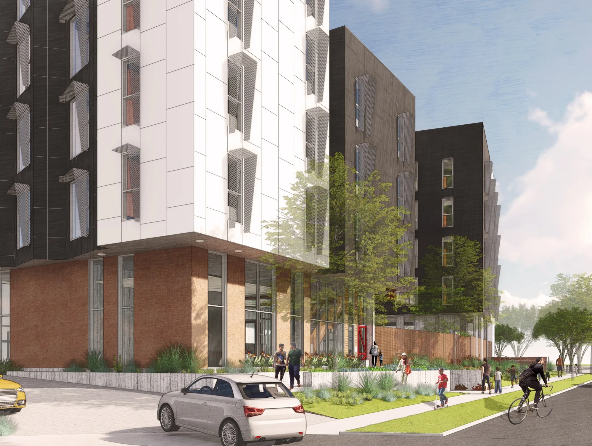 A rendering of the Sango Court Apartments, a transit-oriented housing development in Milpitas, California, that could benefit from private activity bonds once allocated to the Brightline West rail project.&nbsp;