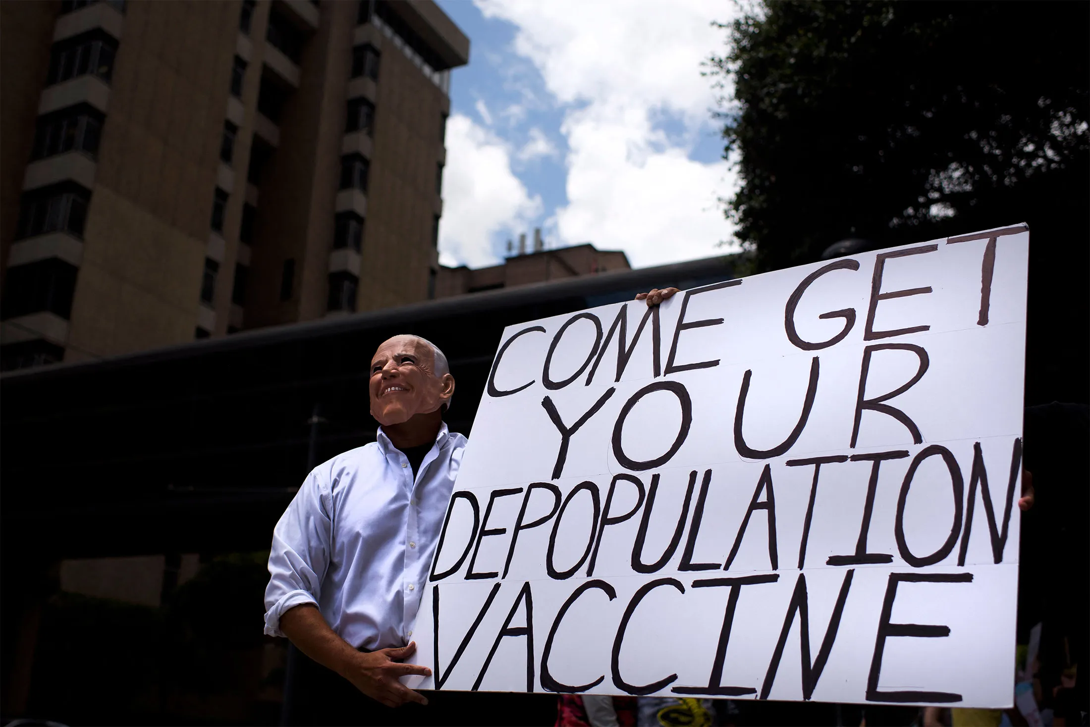An anti-vaccine rally protester in Houston.