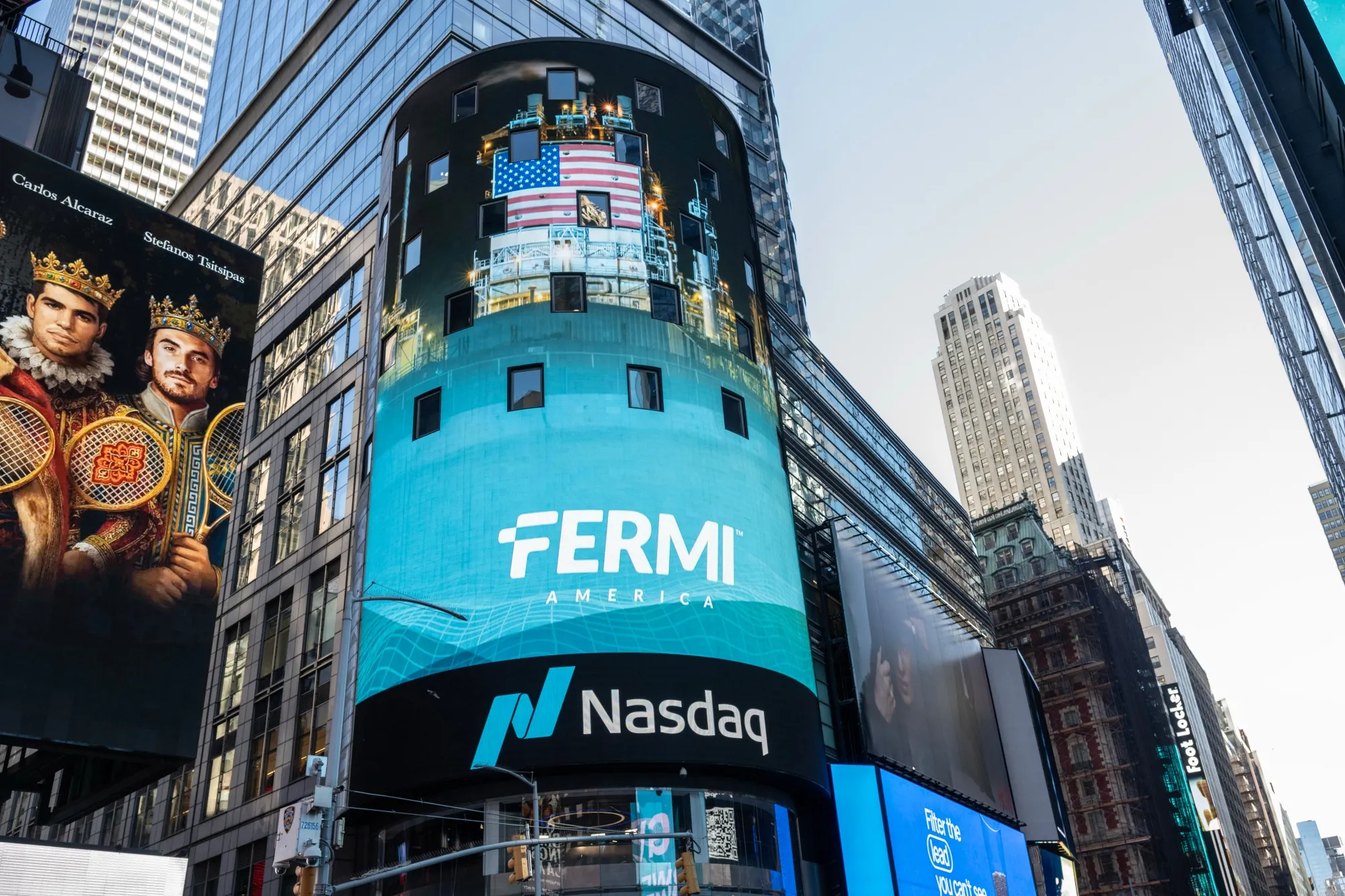 Fermi Inc. signage during the company's IPO at the Nasdaq MarketSite in New York on Oct. 1.&nbsp;