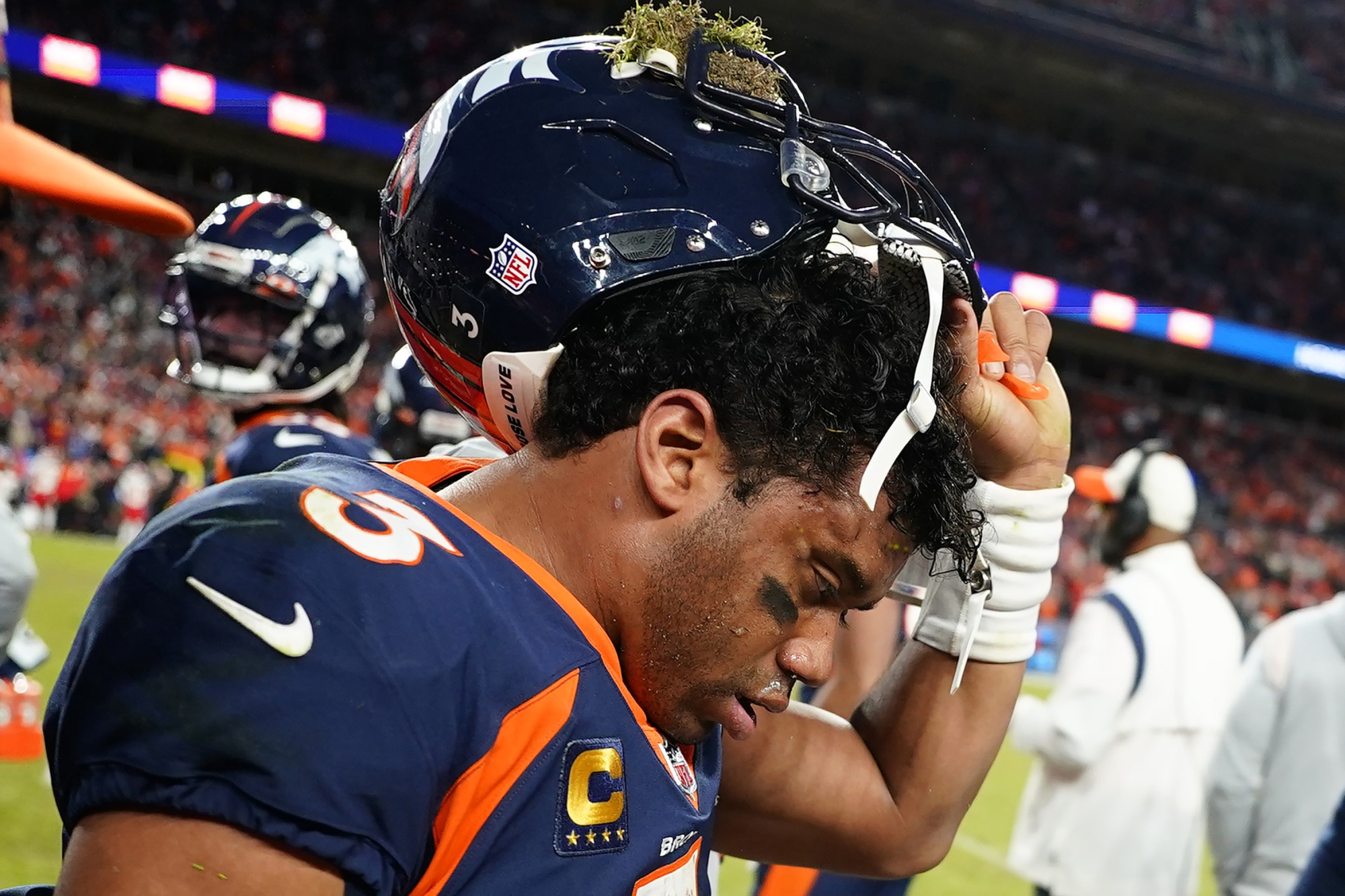 A Denver Broncos helmet on the sideline during the first quarter of News  Photo - Getty Images