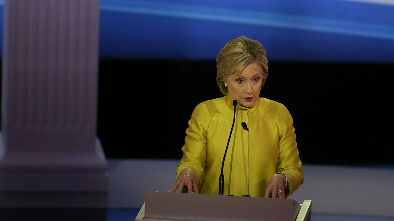 Democratic presidential candidate Hillary Clinton participates in the PBS NewsHour debate in Milwaukee on Feb. 11, 2016.
