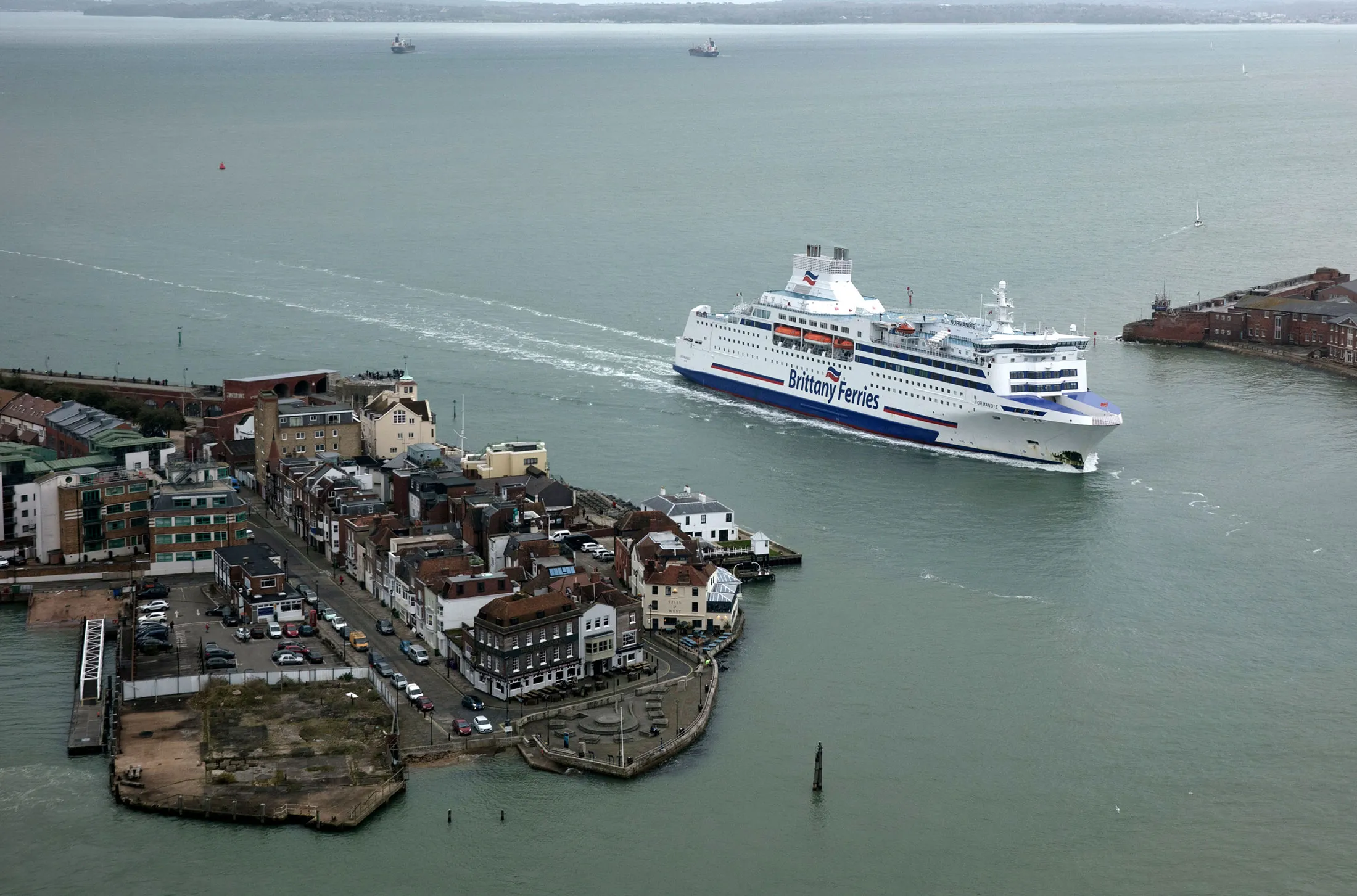 A cross-channel Brittany ferry arrives in Portsmouth docks.