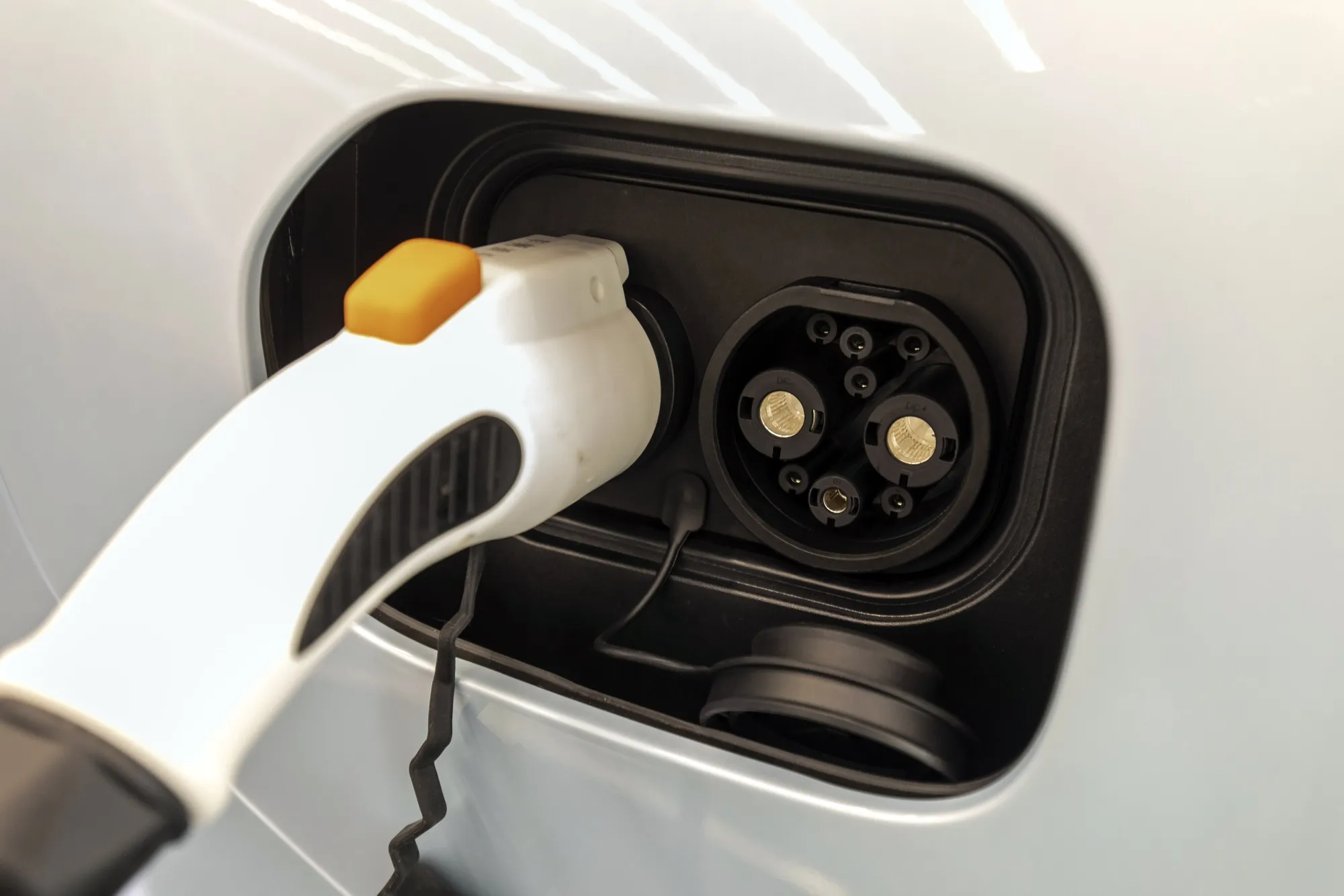 A charging plug on an&nbsp;electric vehicle&nbsp;in Guangzhou, China.