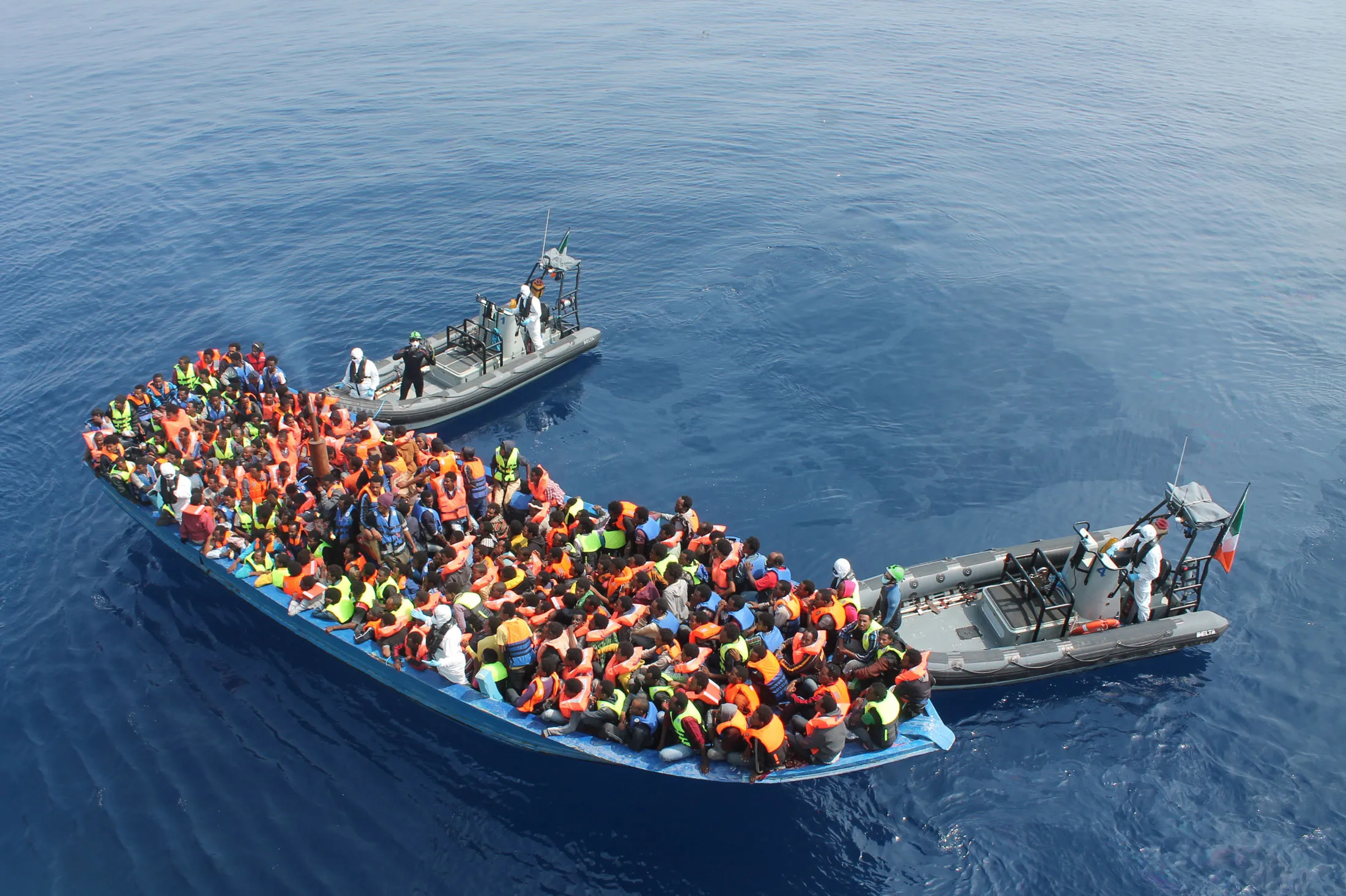 Irish Navy ship Le Eithne rescues migrants in the Mediterranean Sea in June.

