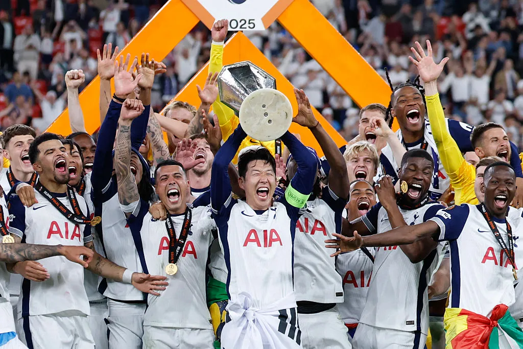 Tottenham Hotspur celebrate&nbsp;winning the UEFA Europa League final football match,&nbsp;in Bilbao in May, 2025.&nbsp;