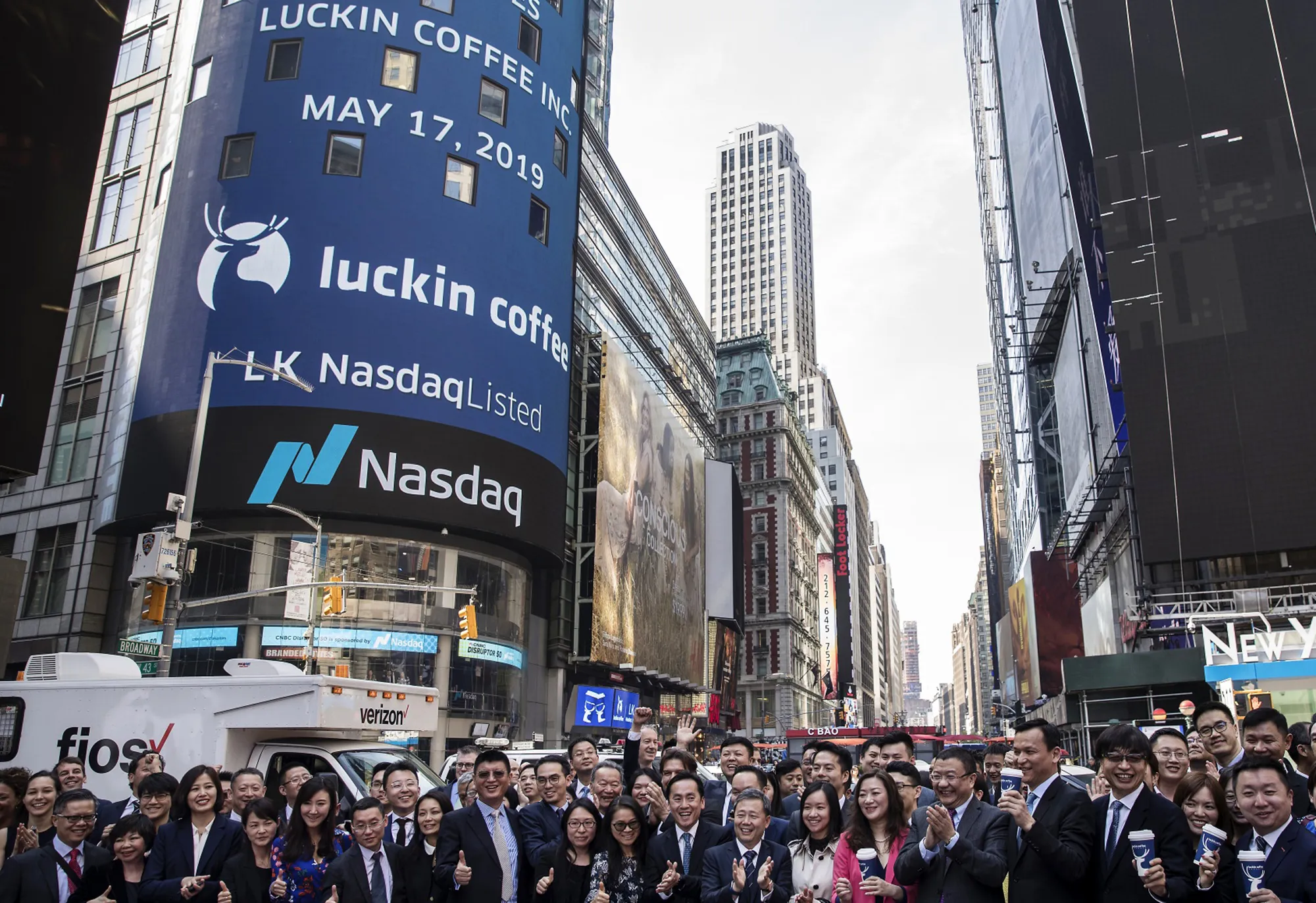 Luckin Coffee's IPO outside the Nasdaq MarketSite in New York in 2019.