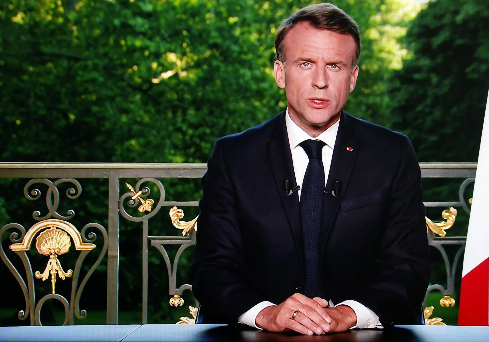 Emmanuel Macron speaks during a televised address on June 9.