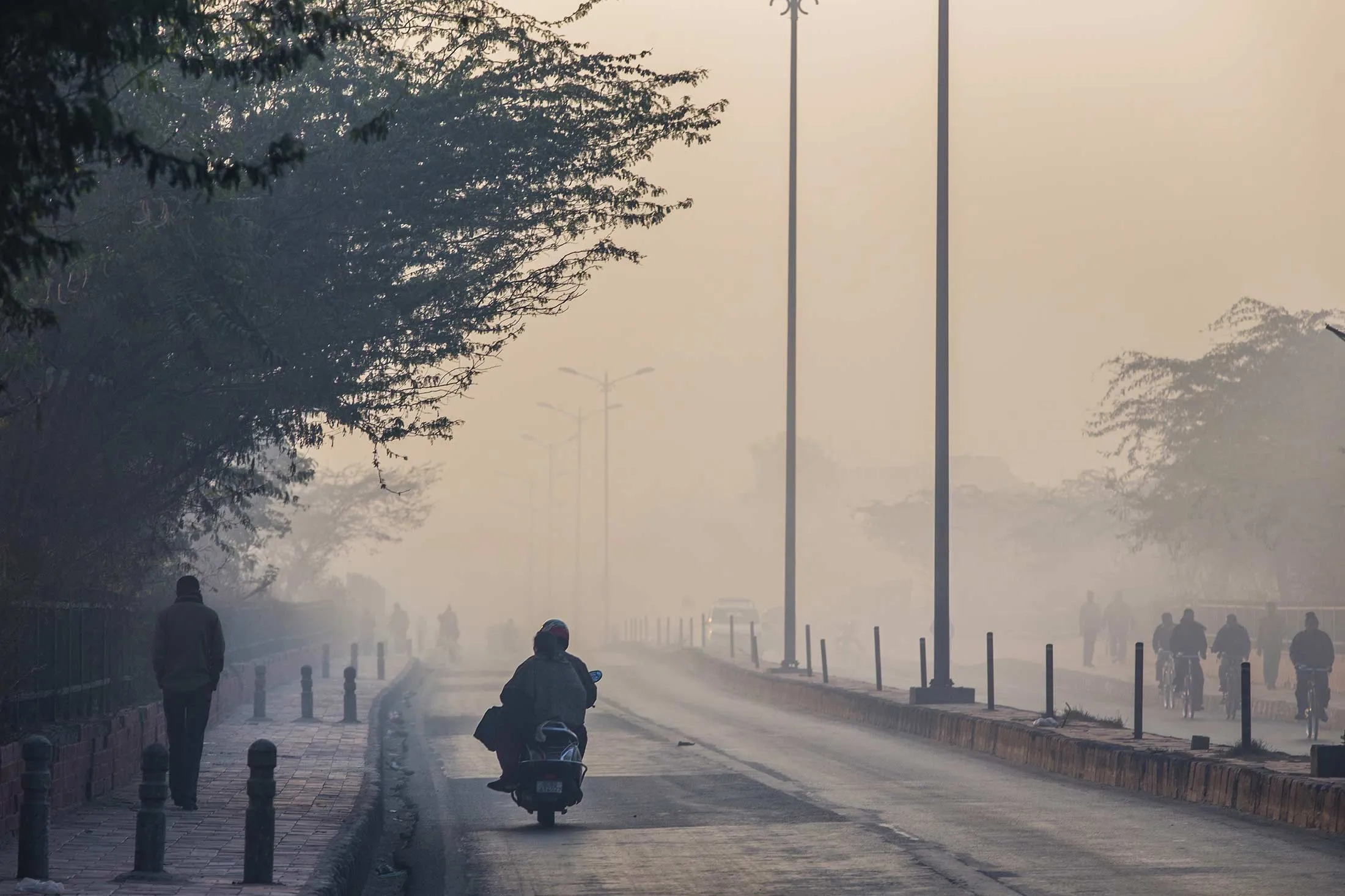 A motorcyclists travels along a road shrouded in smog in New Delhi, India, on Jan. 11.
