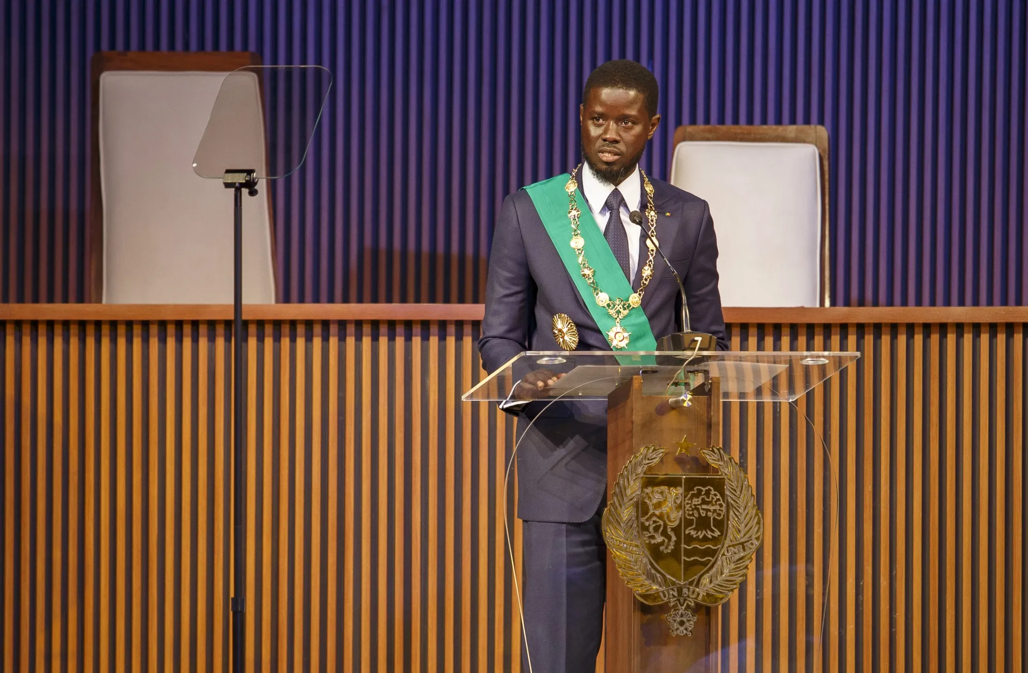 Senegal’s president Bassirou Diomaye Faye&nbsp;speaks during his inauguration ceremony in Diamniadio in April 2024.&nbsp;