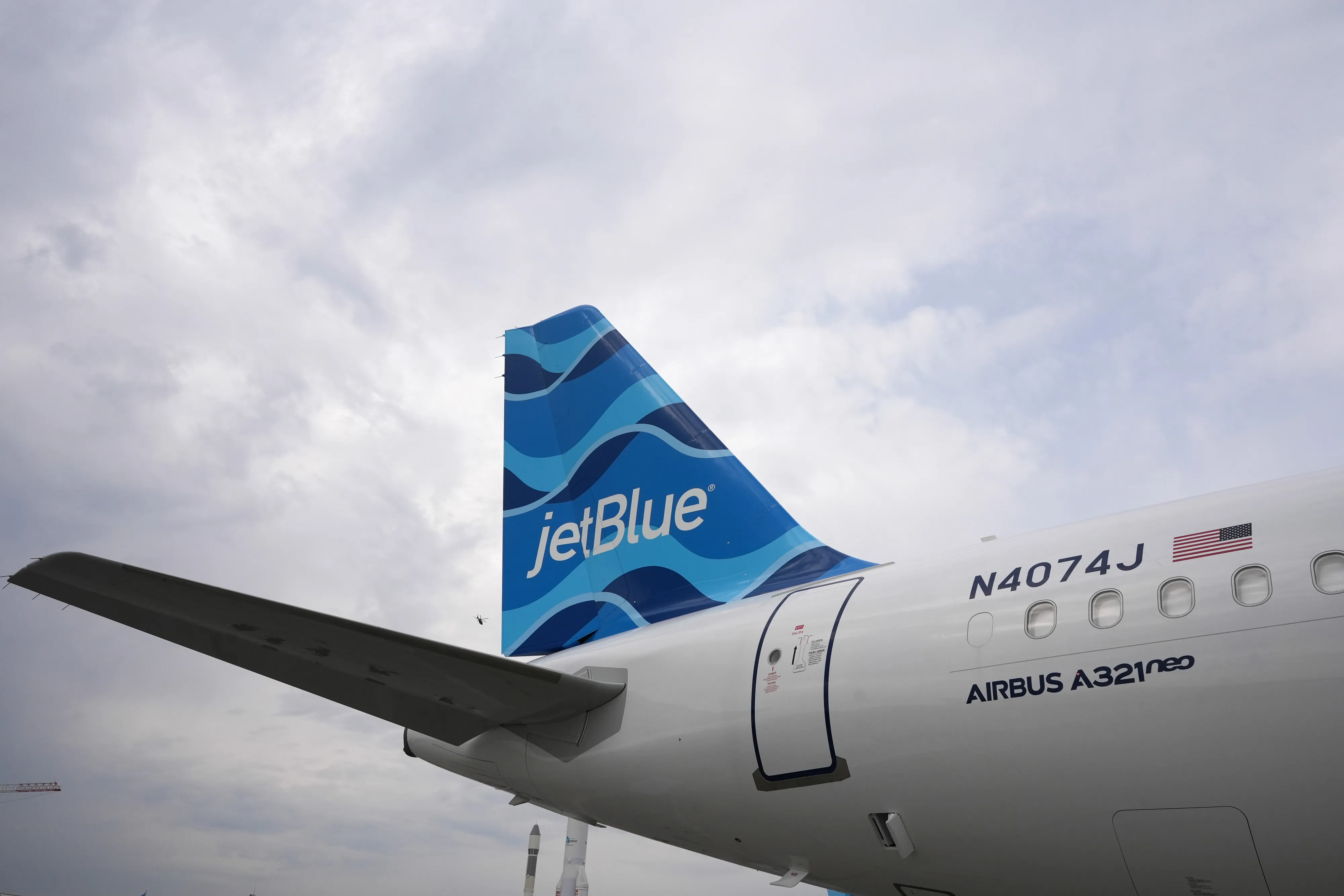 The tailfin of a JetBlue Airways aircraft&nbsp;in Le Bourget, France.