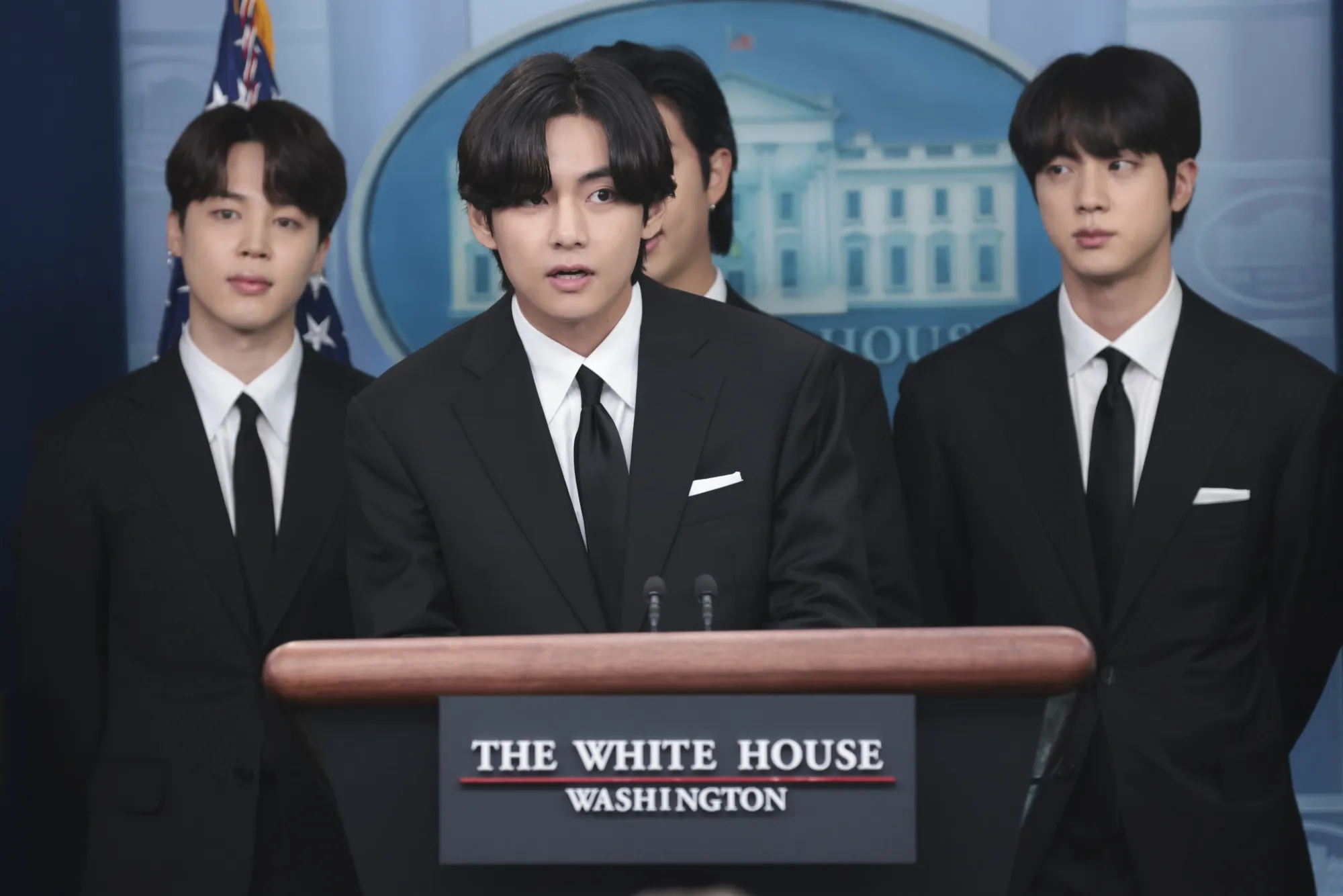 Members of Korean pop band BTS appear at&nbsp;a news conference&nbsp;at the White House on Tuesday, May 31, 2022. BTS met with US President Joe Biden to address anti-Asian hate crimes and discrimination.