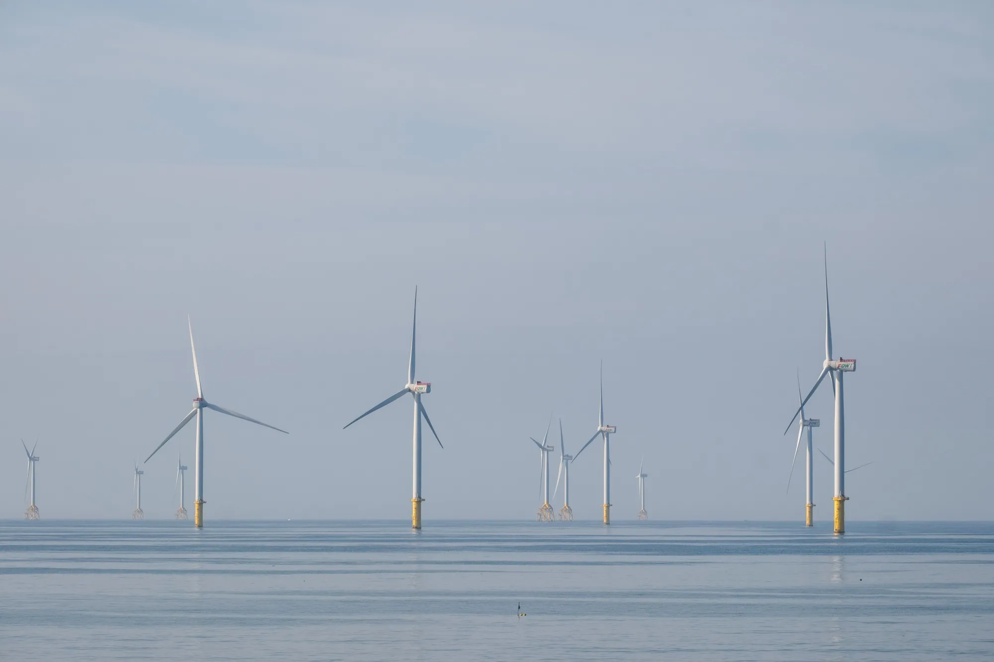 Offshore wind turbines off the coast of Zhunan Township in Taiwan.