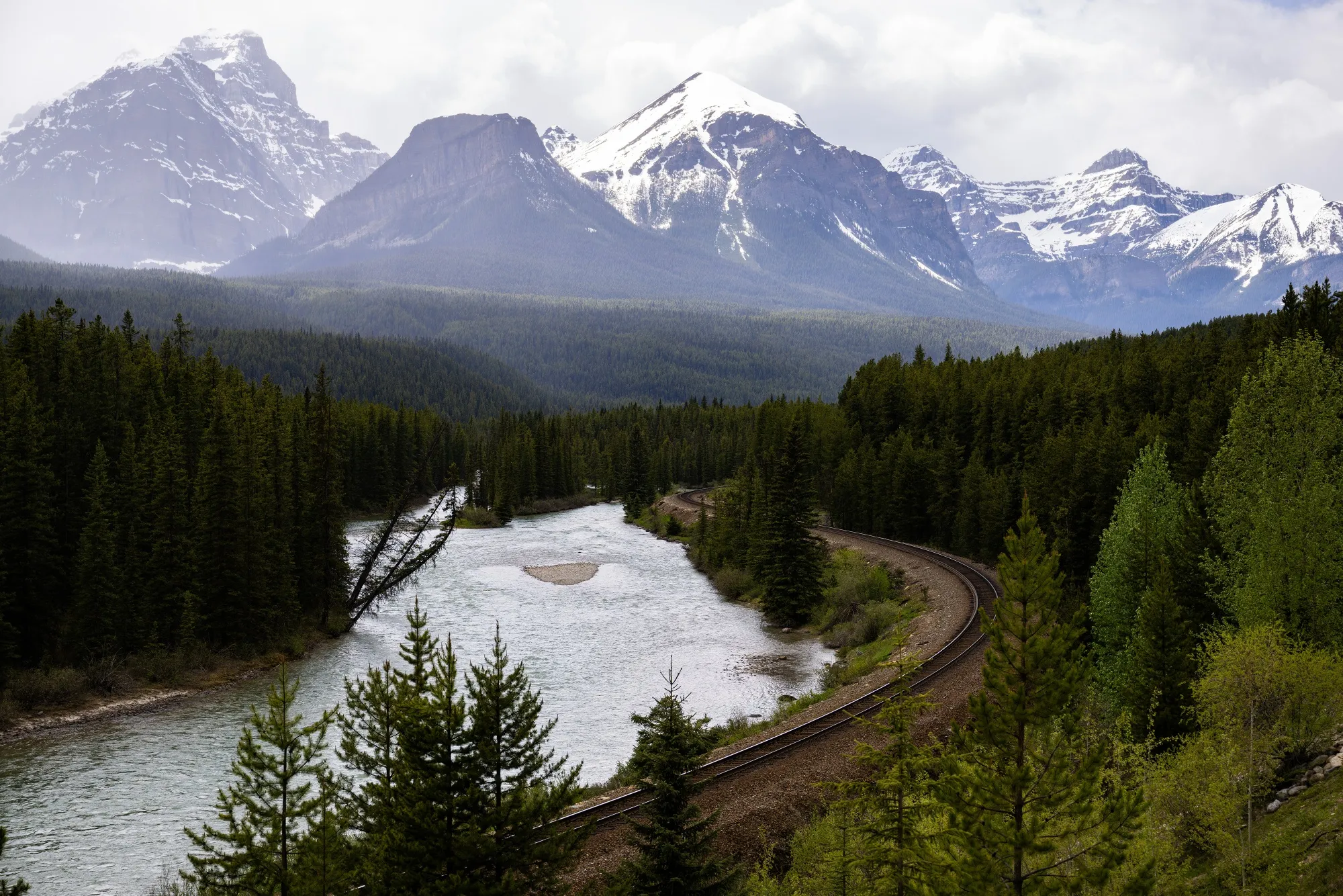 The Canadian Pacific rail line winds through the Bow Valley just outside of Banff.