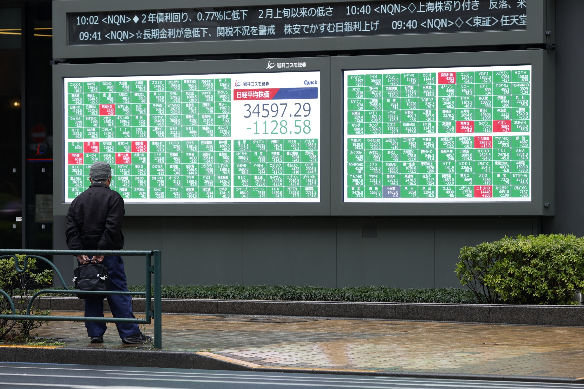An electronic stock board displays the Nikkei 225 Stock Average outside a securities firm in Tokyo, Japan, on Thursday, April 3, 2025. Stocks plunged and haven assets rallied as investors rushed for safety after US President Donald Trump unveiled reciprocal tariffs that were more aggressive than expected, sparking concerns over inflation and growth.