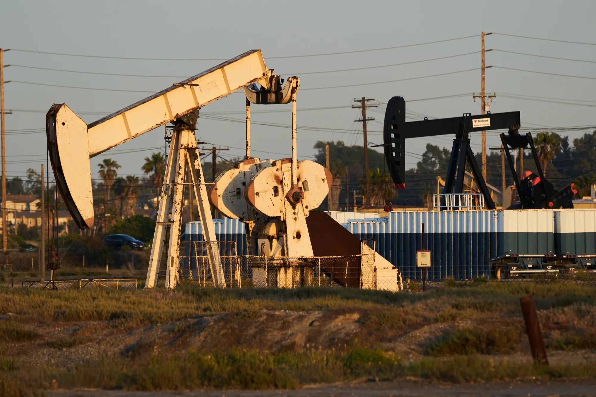 Pumpjacks extract crude oil from active oil wells&nbsp;in Seal Beach, California.