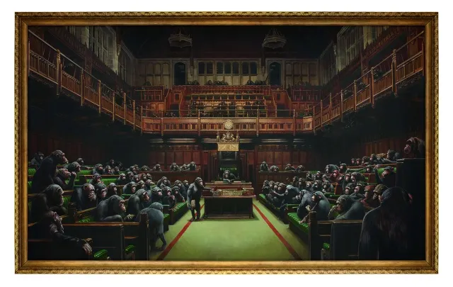 Banksy Sets Auction Record With Chimpanzees in Parliament - Bloomberg