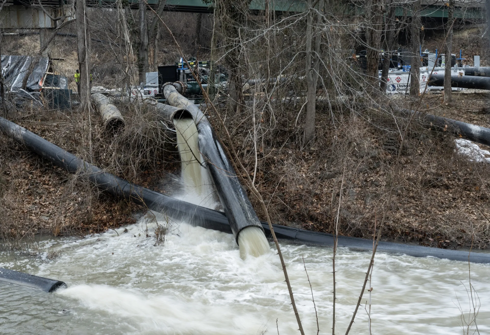 Raw sewage flows out of a drainage pipe into the C&O Canal near Cabin John, Maryland, on Feb. 18.