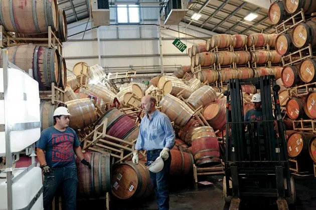 Inside Starmont Wines, a mess of fallen barrels