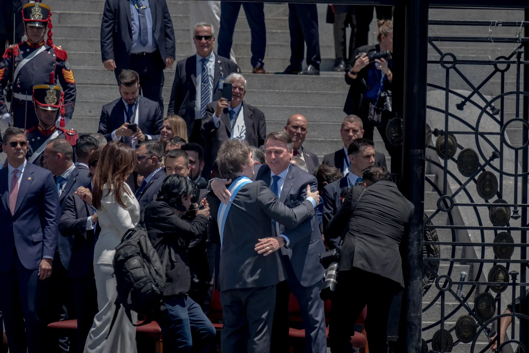 Javier Milei embraces Jair Bolsonaro during his inauguration ceremony outside the National Congress in Buenos Aires on Dec. 10, 2023. 