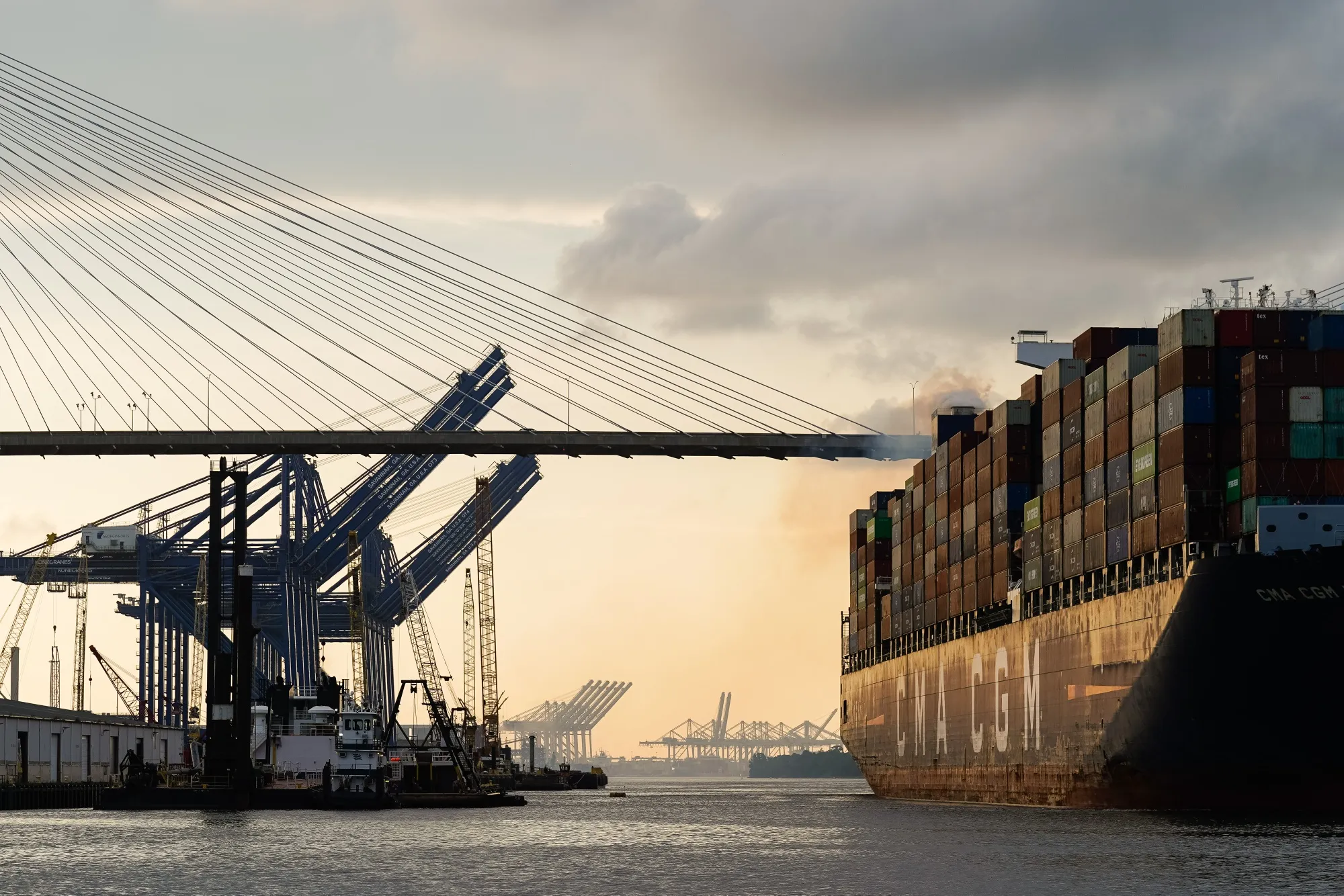 A cargo ship departs from the Port of Savannah in Savannah, Georgia.