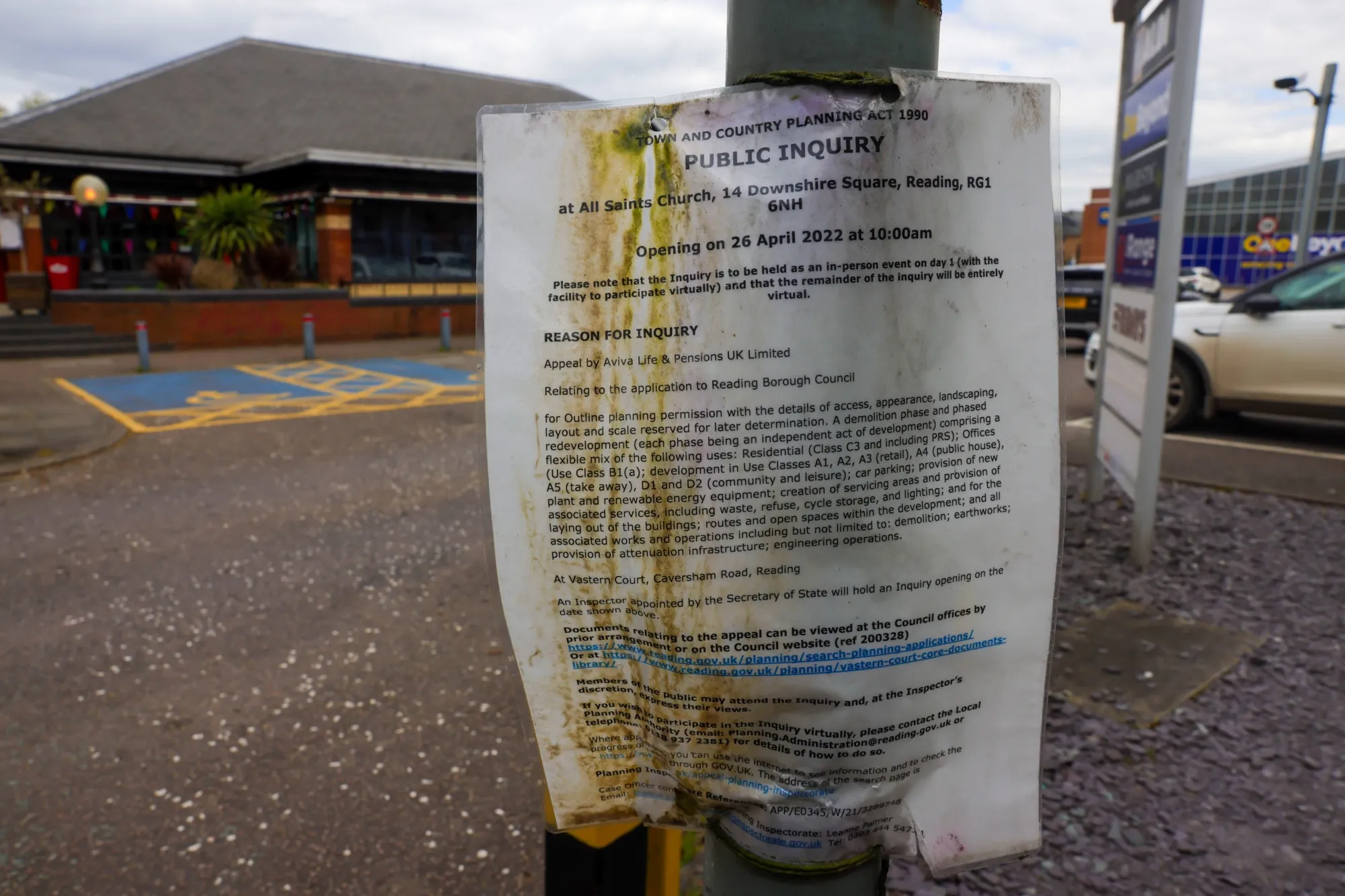 A public inquiry poster relating to a planning application for development of&nbsp;&nbsp;The Station Shopping Park site in Reading, UK, on April&nbsp;24.
