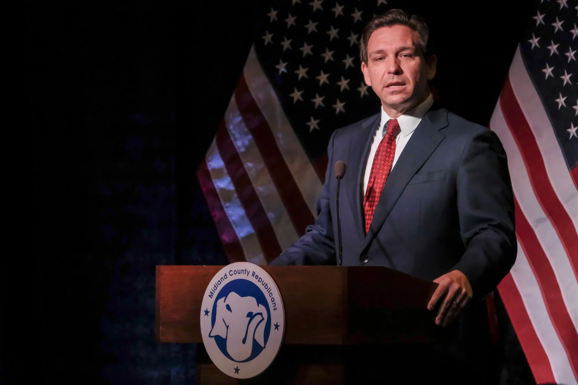 Ron DeSantis speaks during a Midland Republican Party event in April.&nbsp;&nbsp;